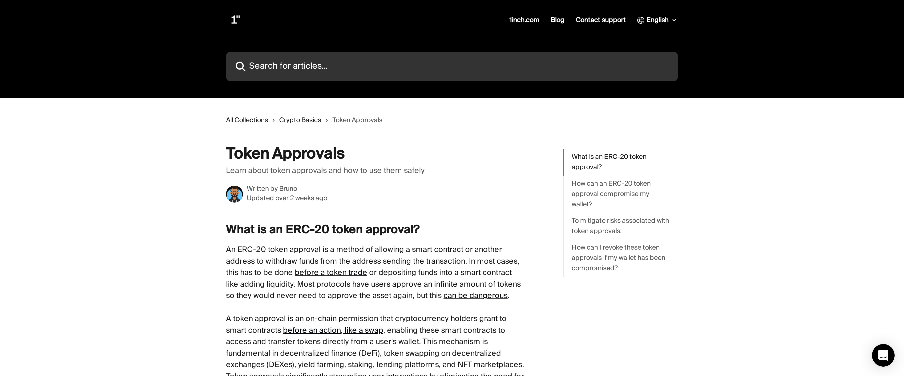 1inch Help Center article explaining what an ERC-20 token approval is and how to use it safely