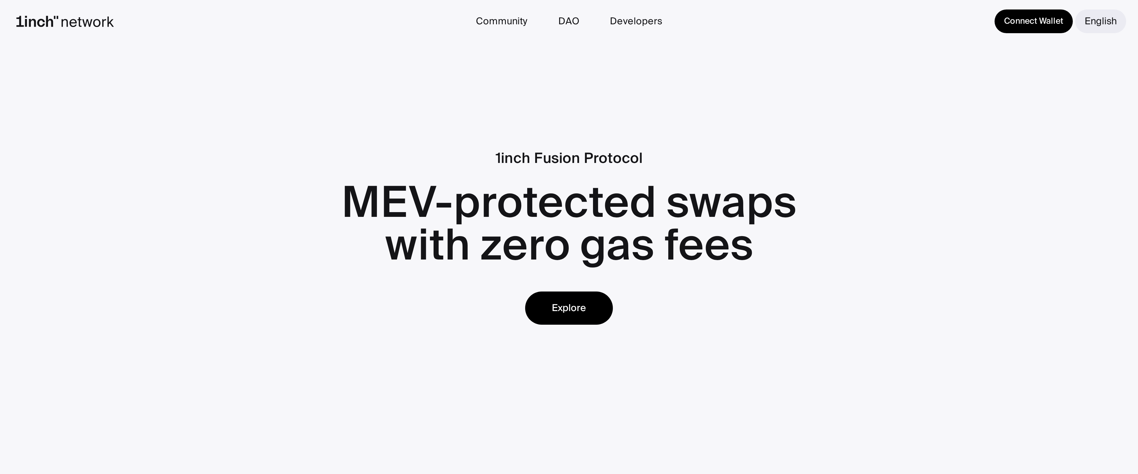 1inch Fusion protocol page with the headline MEV-protected swaps with zero gas fees