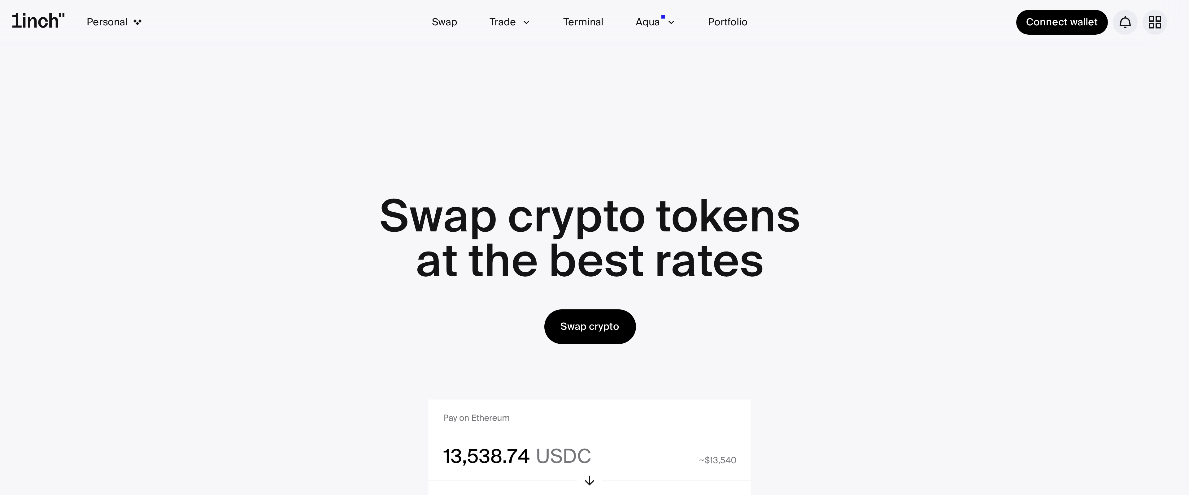 1inch homepage with the headline Swap crypto tokens at the best rates