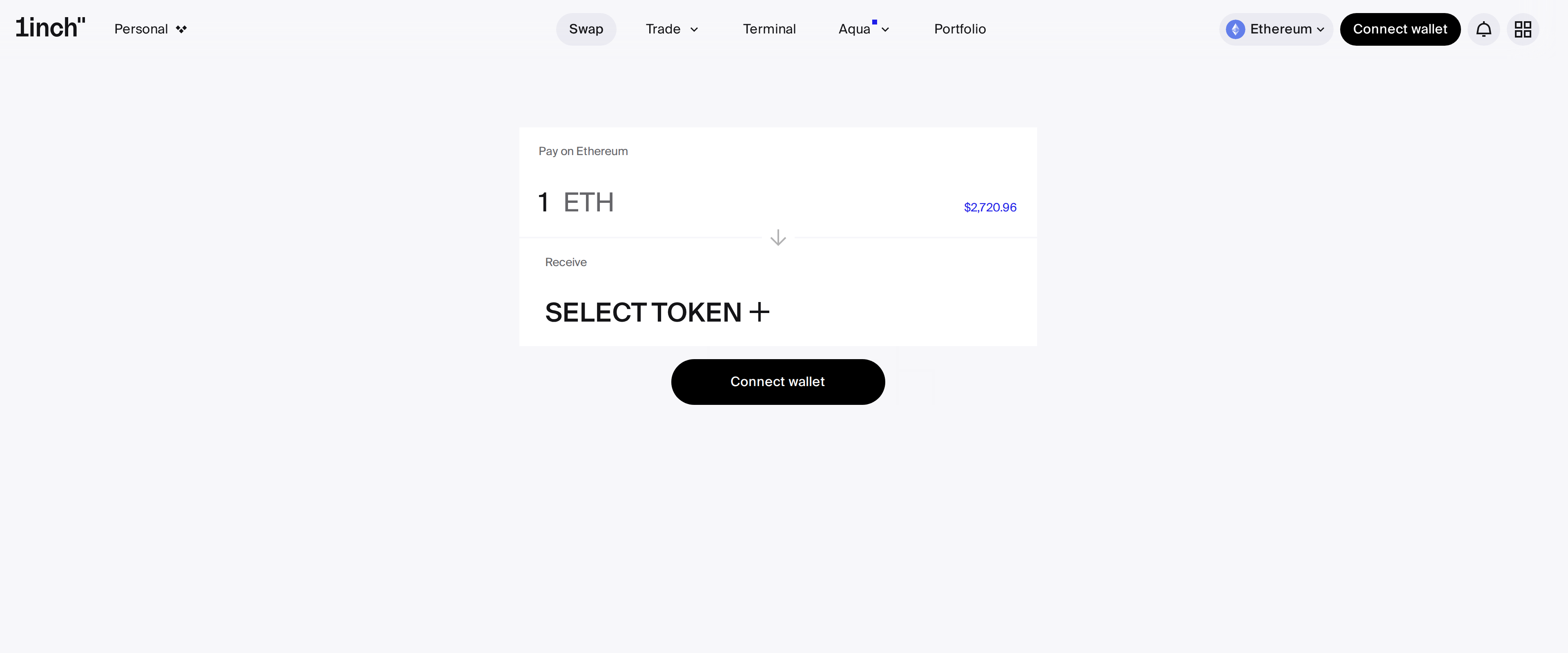 1inch swap interface showing a Pay on Ethereum panel for 1 ETH worth $2,720.96 with a Receive field waiting for a token
