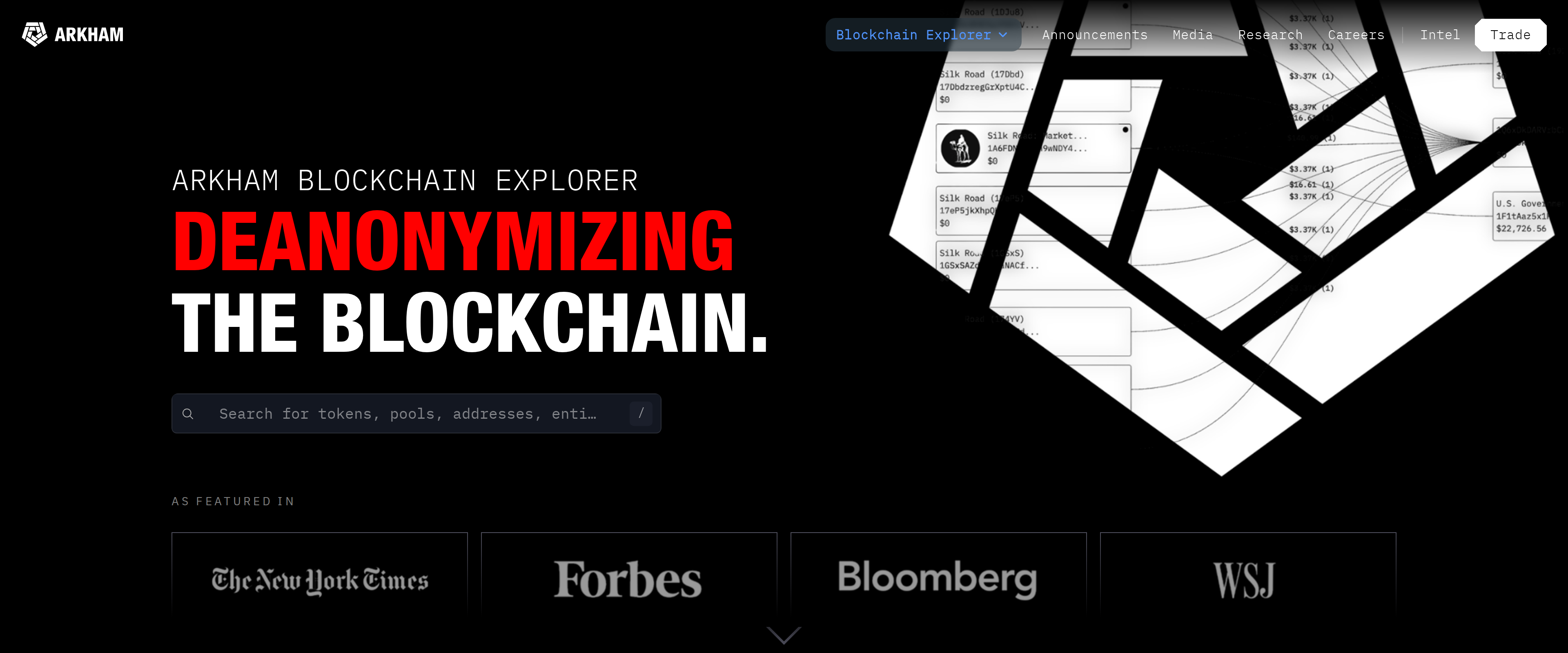 Arkham Blockchain Explorer marketing page with the large headline Deanonymizing the blockchain
