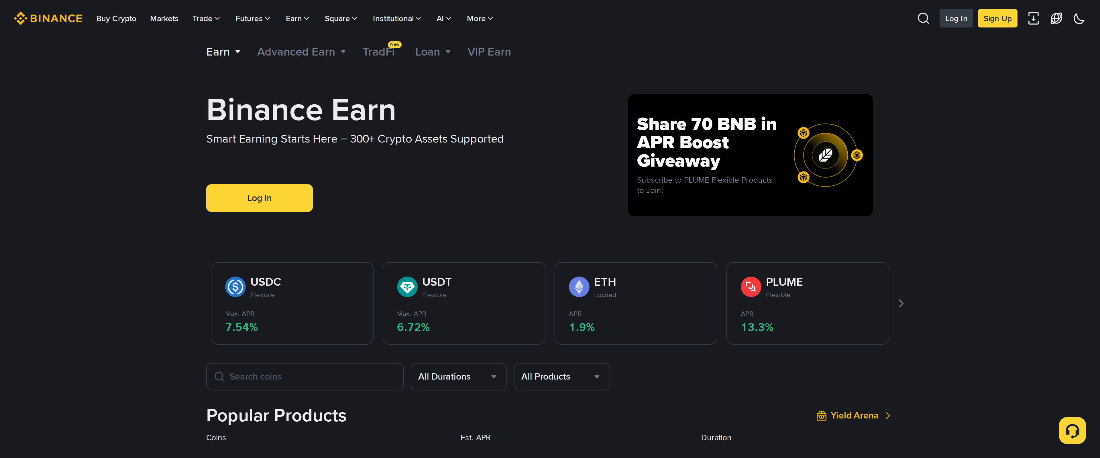 Binance Earn landing page headline reading Smart Earning Starts Here, advertising support for over 300 crypto assets