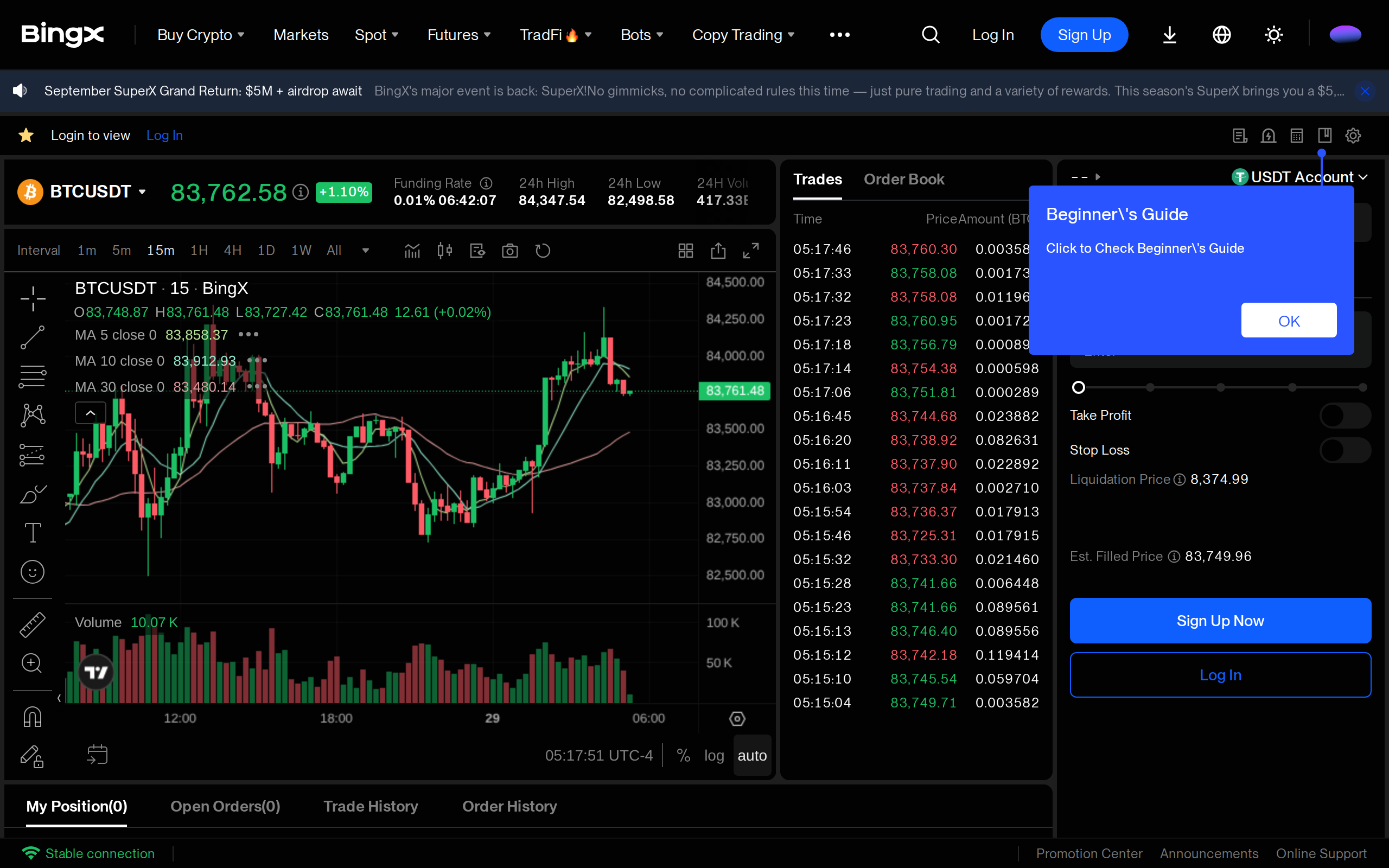 BingX's BTCUSDT futures trading screen showing a stop loss liquidation price