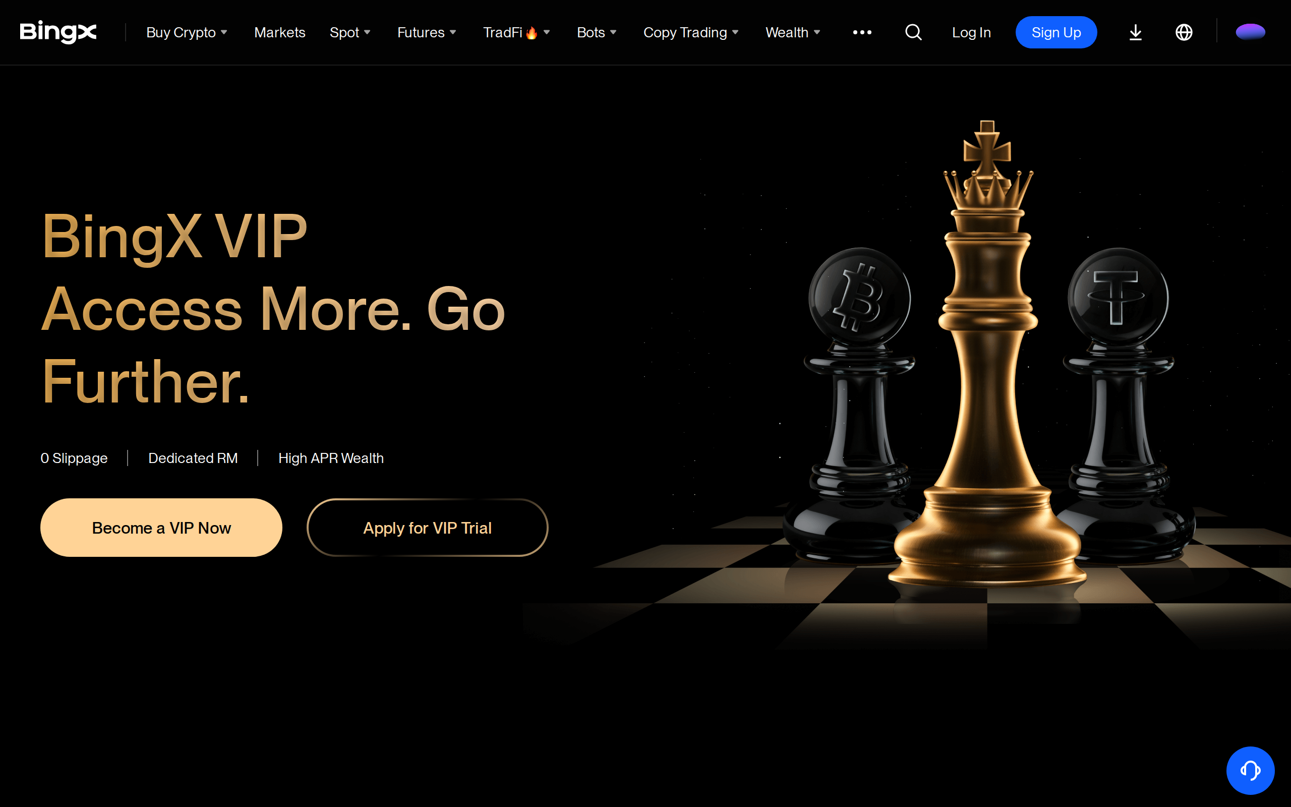 BingX's VIP program page promoting zero slippage, a dedicated relationship manager and high APR wealth products