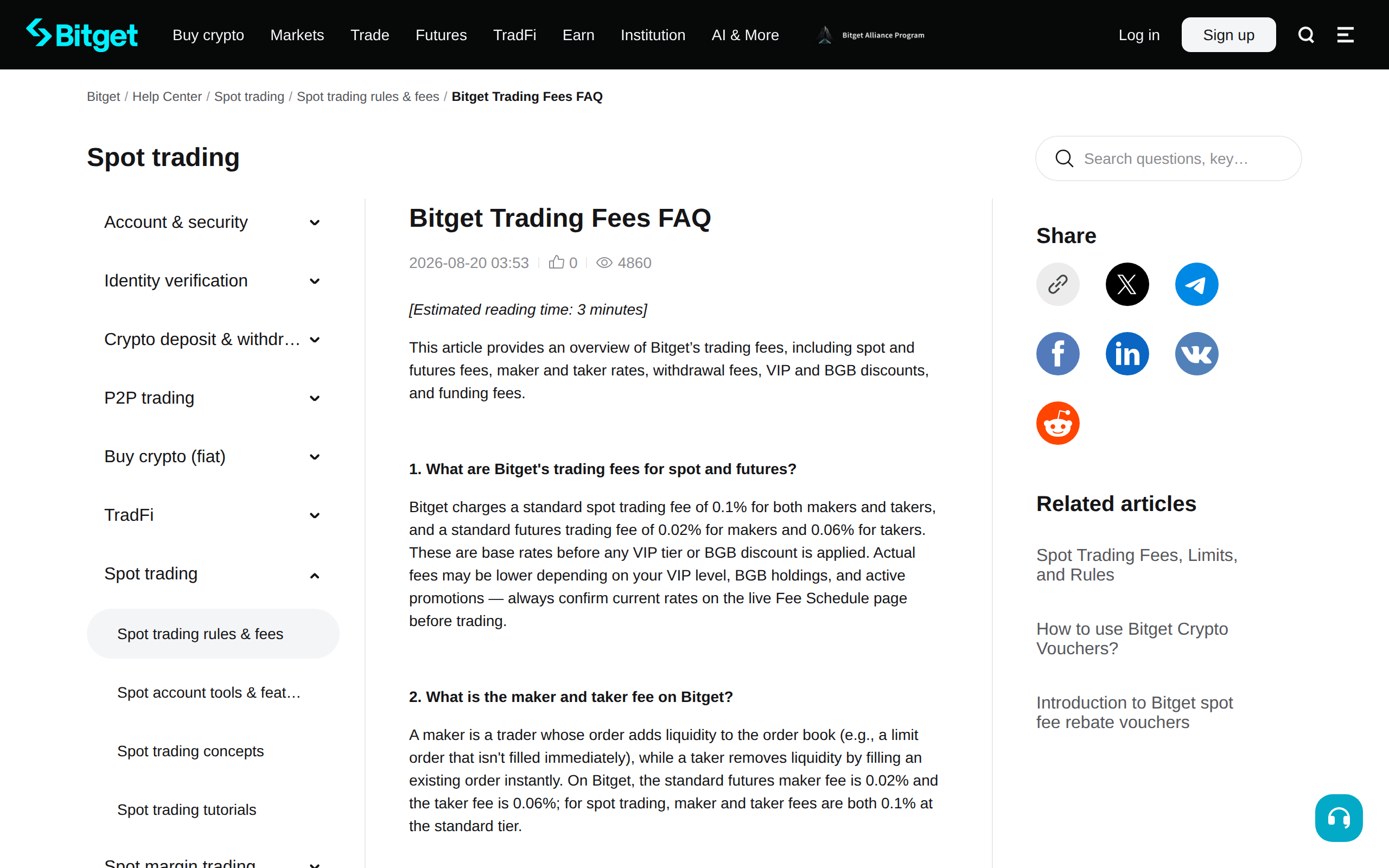 Bitget Trading Fees FAQ support article listing spot trading rules and fees