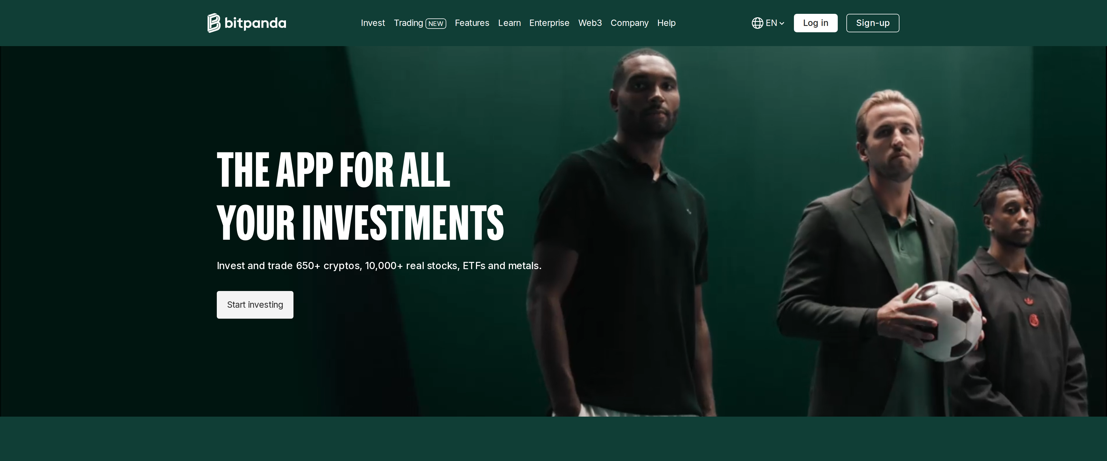 Bitpanda's homepage reading The app for all your investments, with a claim of 650+ cryptos, 10,000+ real stocks, ETFs and metals