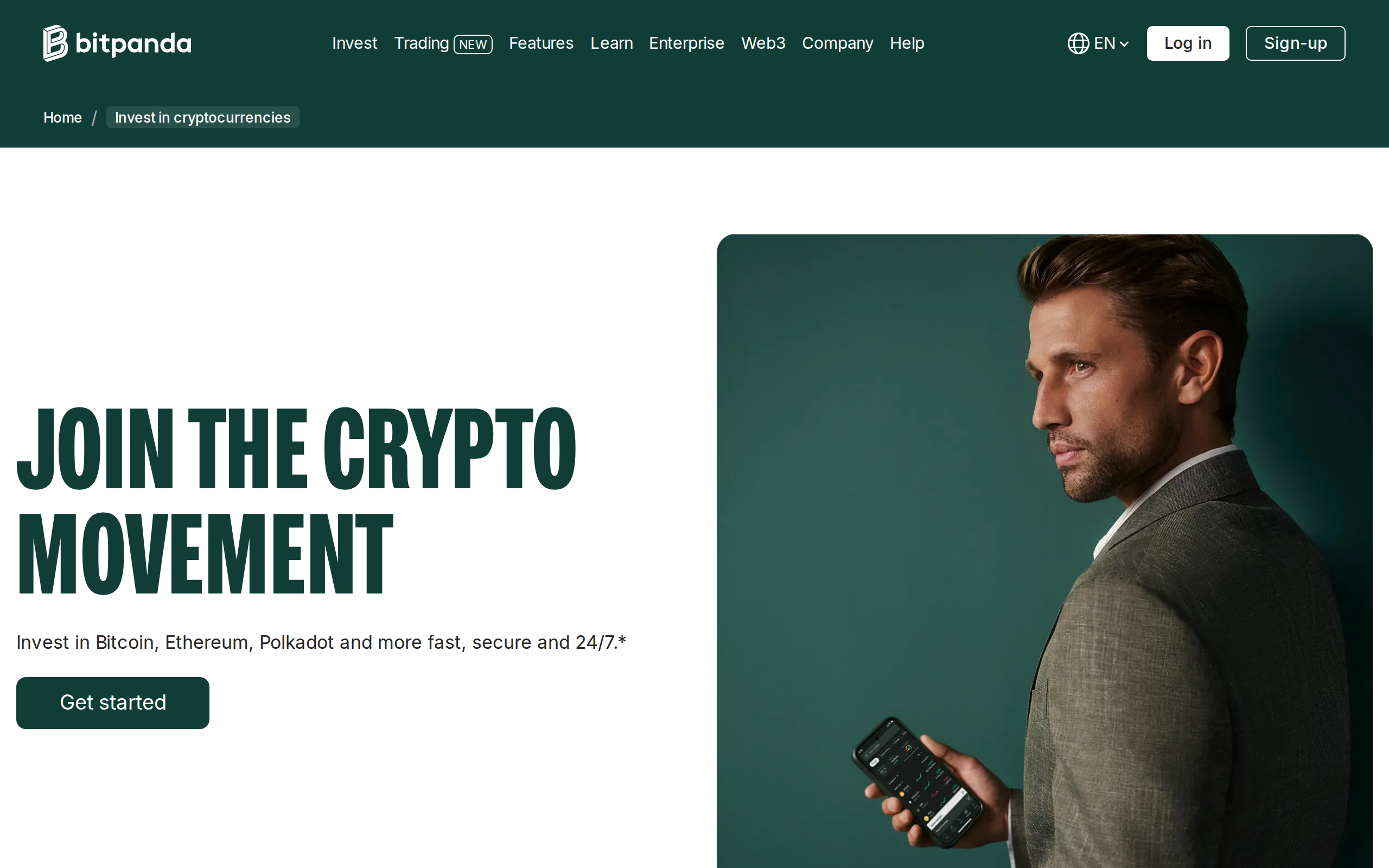 Bitpanda's crypto investing landing page under the heading Join the Crypto Movement