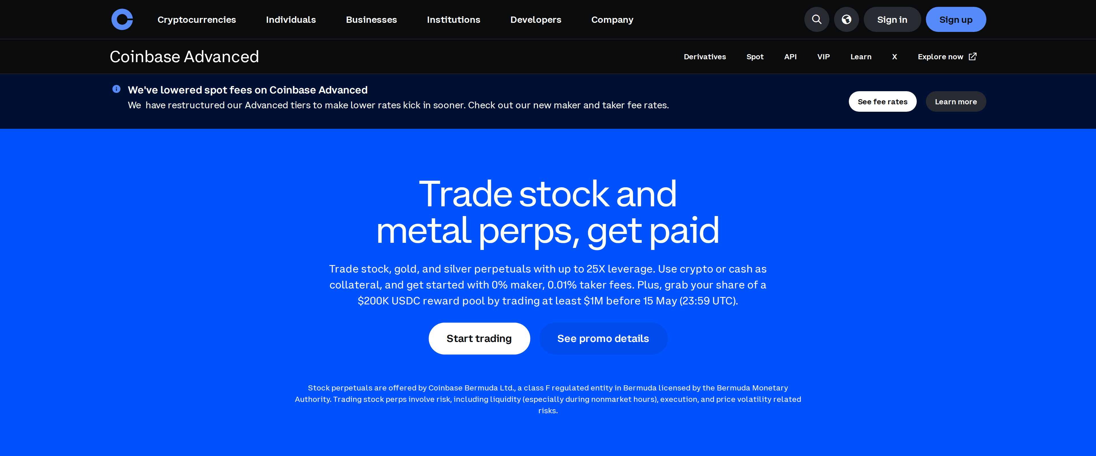 Advanced Trade landing page announcing lower spot fees and new maker and taker rates, with a banner for stock and metal perpetual trading