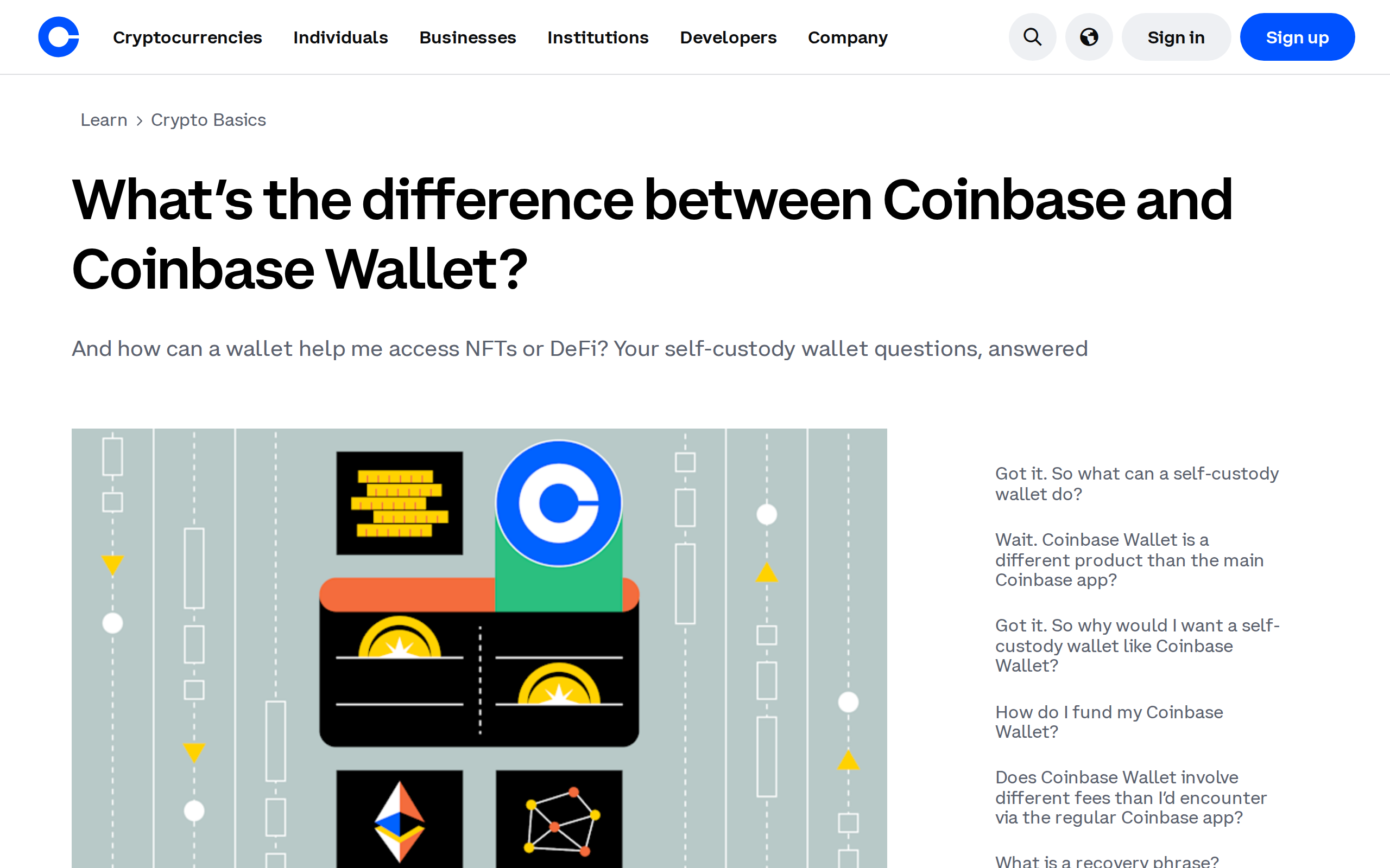 Coinbase support article 'What's the difference between Coinbase and Coinbase Wallet?' explaining the two products
