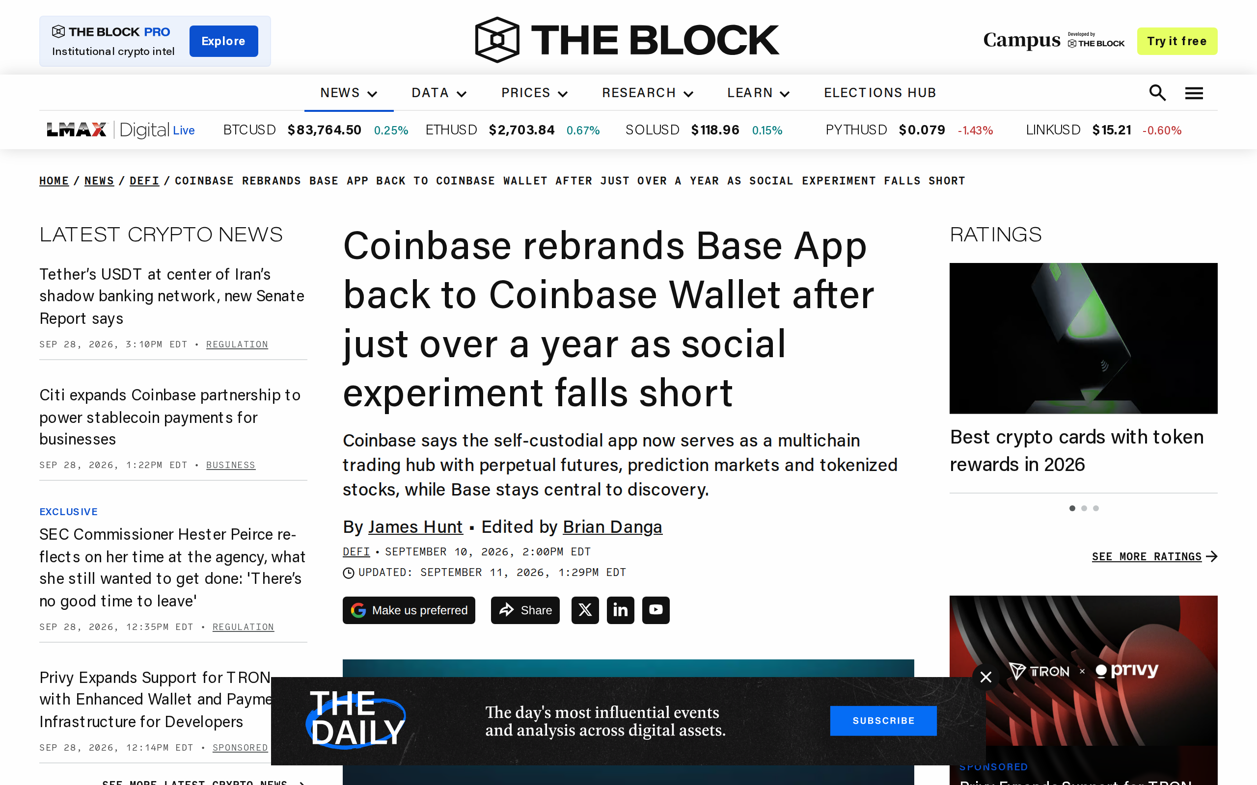 The Block's coverage of Coinbase's September 2026 rebrand, describing the app as a multichain trading hub
