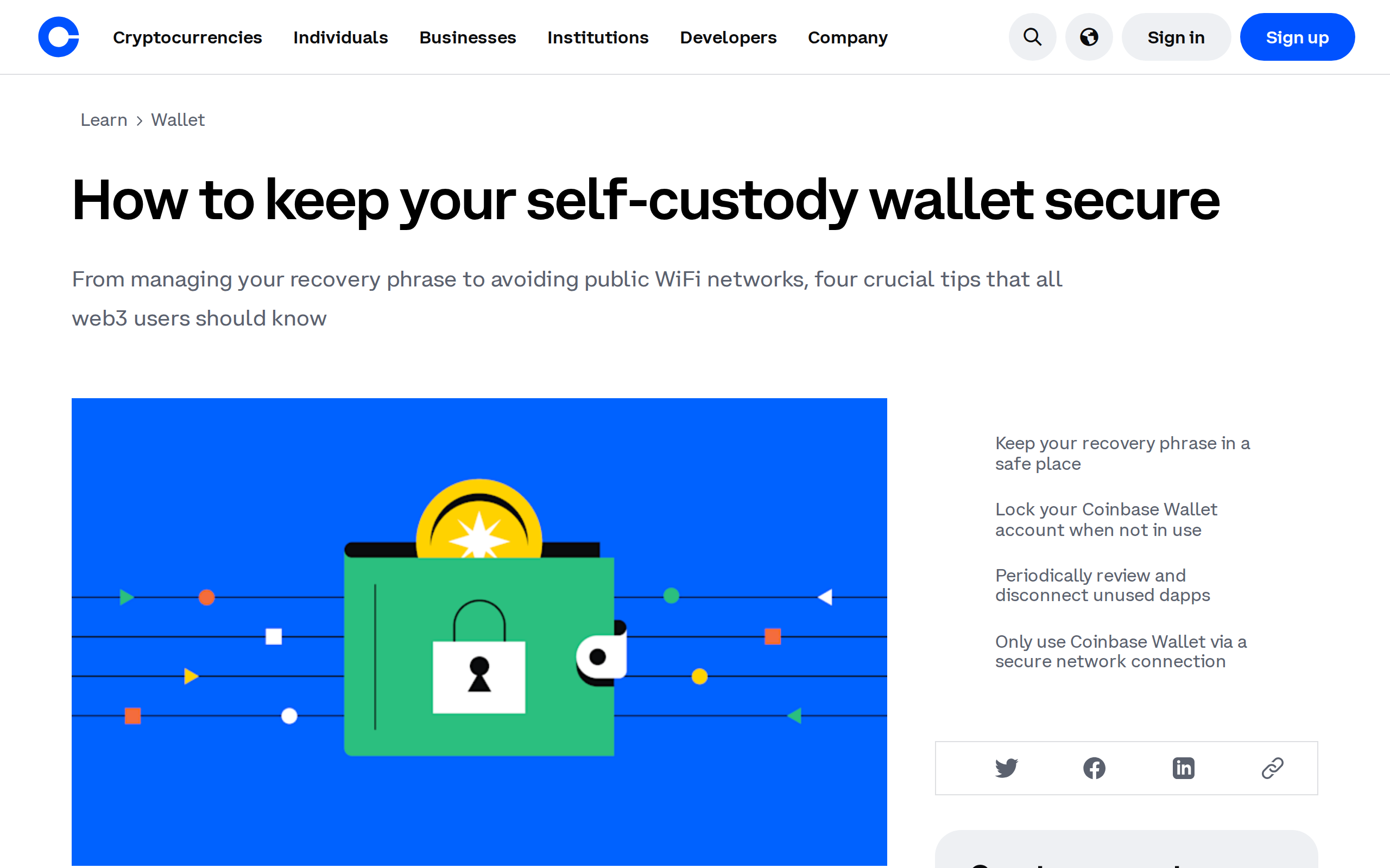 Coinbase's guide titled 'How to keep your self-custody wallet secure' listing tips on managing the recovery phrase and avoiding public WiFi