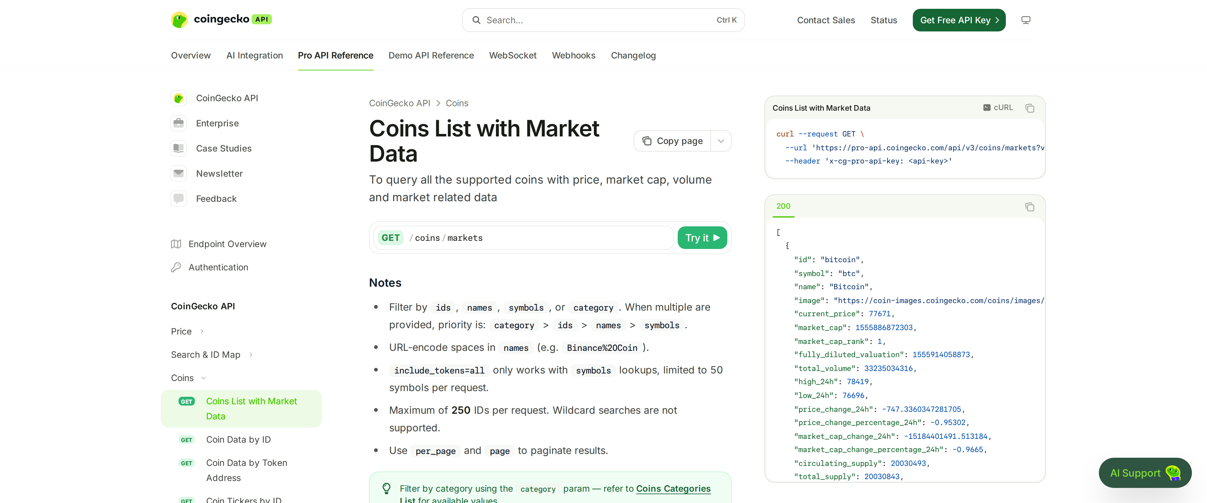 CoinGecko API endpoint reference page showing the Coins List with Market Data GET endpoint among other coin endpoints
