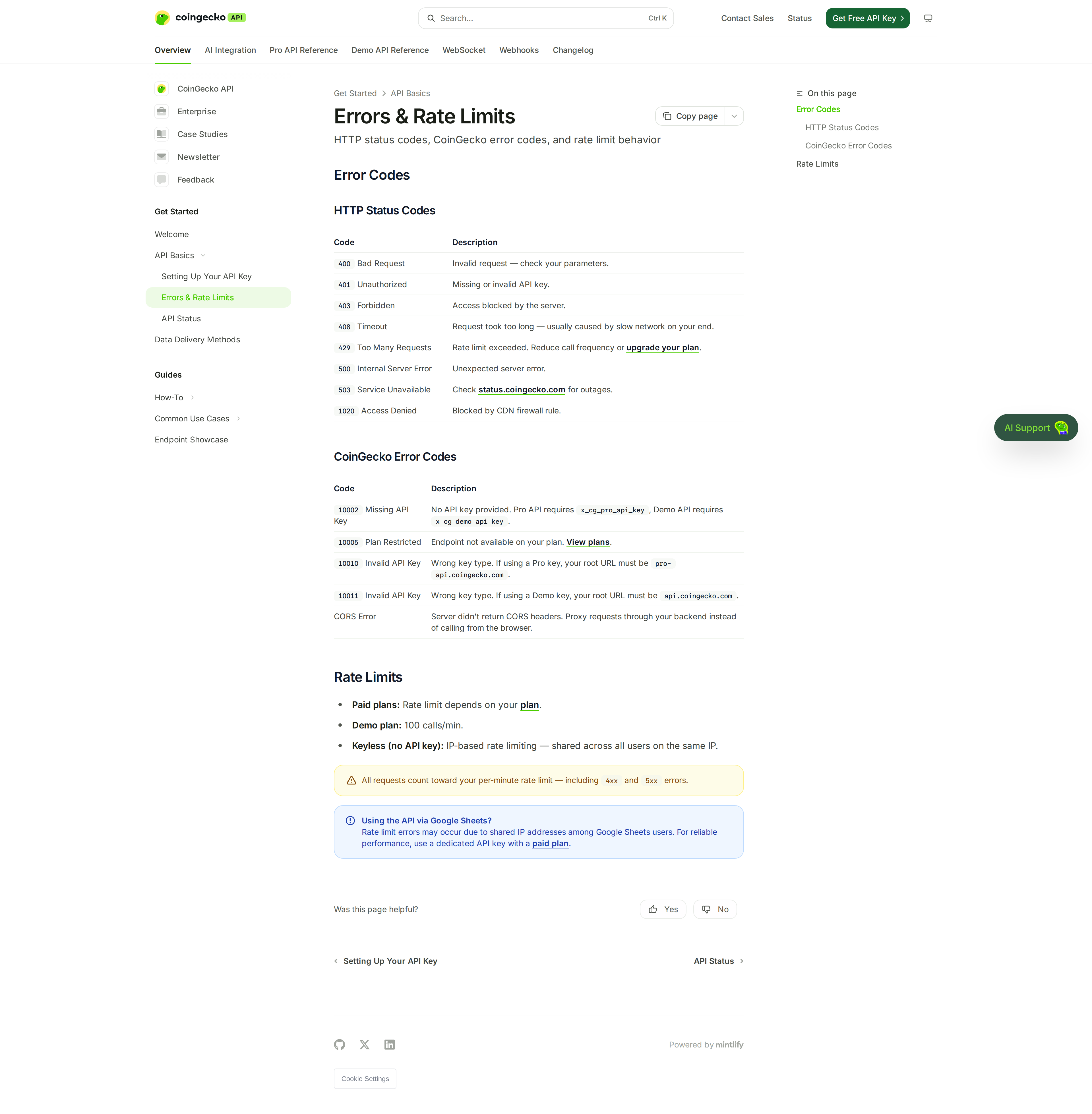 CoinGecko API errors and rate limits documentation page listing HTTP status codes, error codes and the Demo plan's 100 calls per minute rate limit