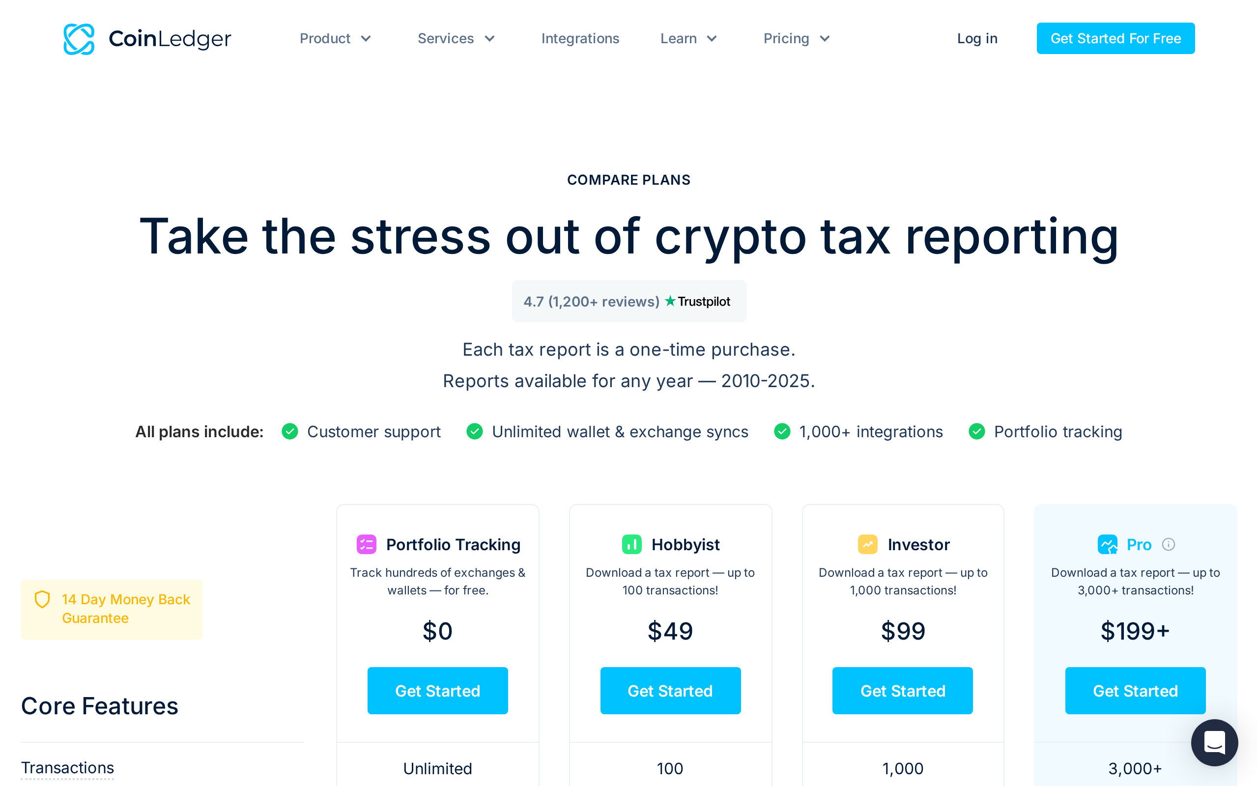 CoinLedger pricing page reading Take the stress out of crypto tax reporting, with $0 and $49 plan tiers listed under Compare Plans