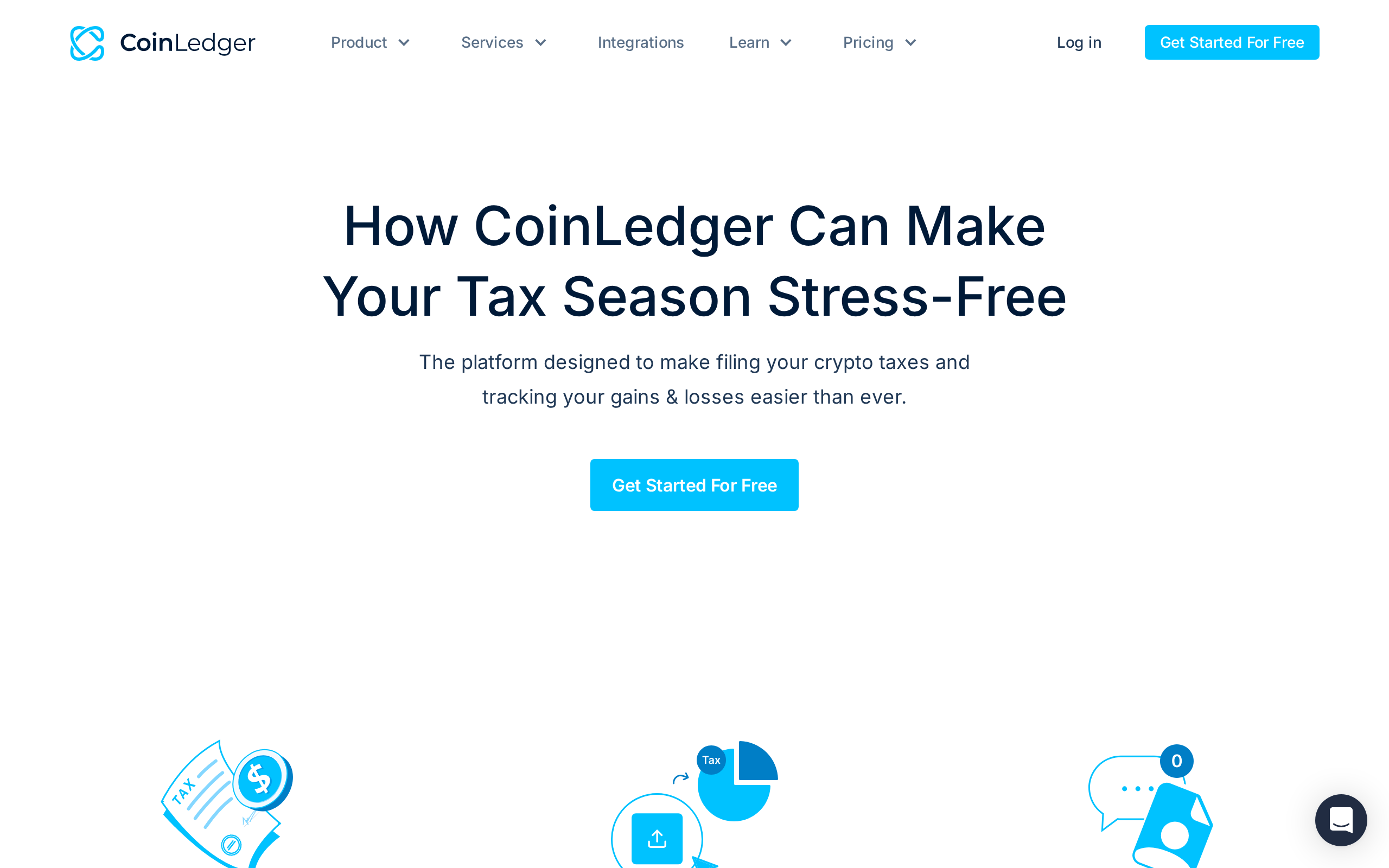 CoinLedger product page headline How CoinLedger Can Make Your Tax Season Stress-Free, describing a platform for filing crypto taxes and tracking gains and losses
