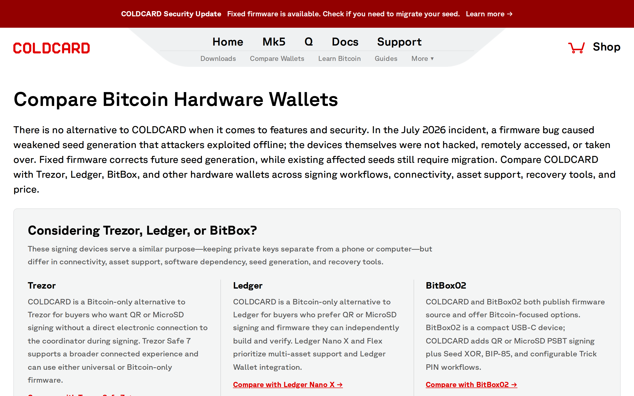 COLDCARD's Compare Bitcoin Hardware Wallets page describing its July 2026 firmware incident and comparisons to Trezor, Ledger and BitBox02