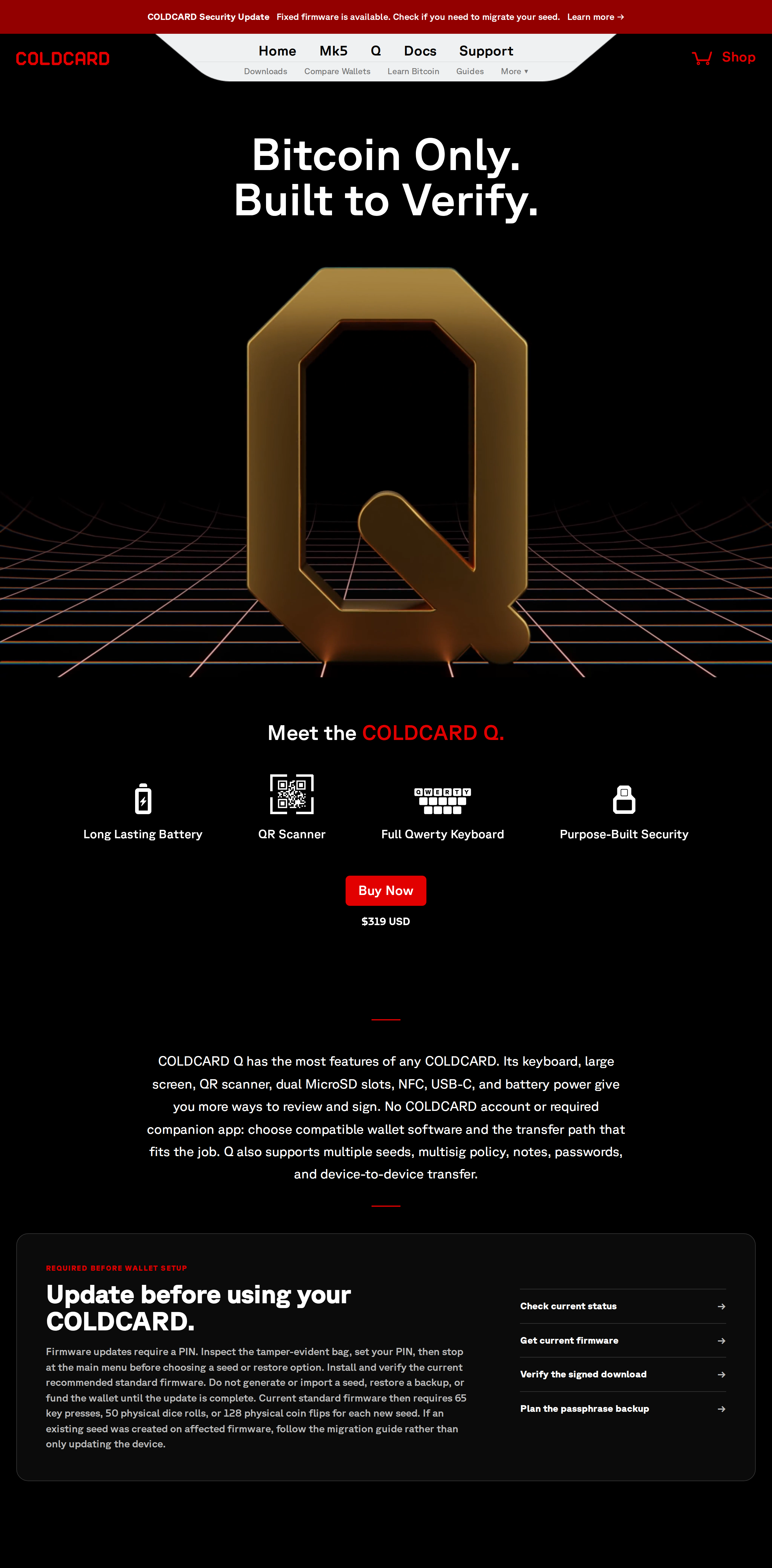 COLDCARD Q product page detailing its QR scanner, long-lasting battery and keyboard features
