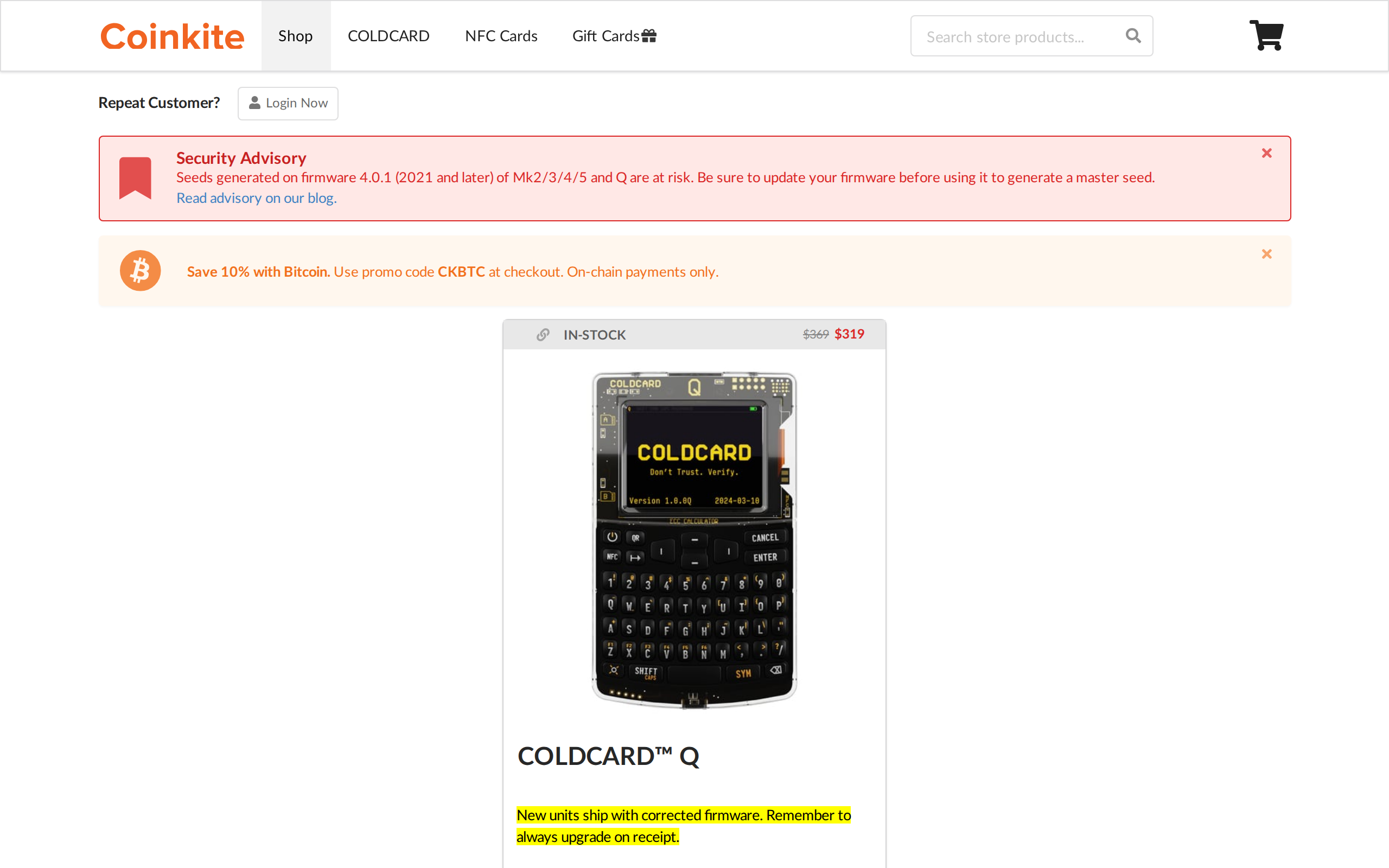 Coinkite's store listing for the COLDCARD Q showing its Security Advisory banner and $319 price