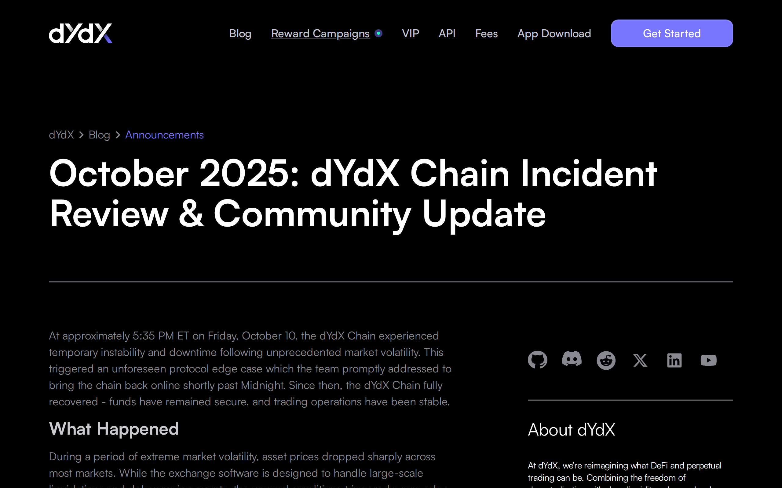 dYdX blog post reviewing the October 2025 chain incident and community update