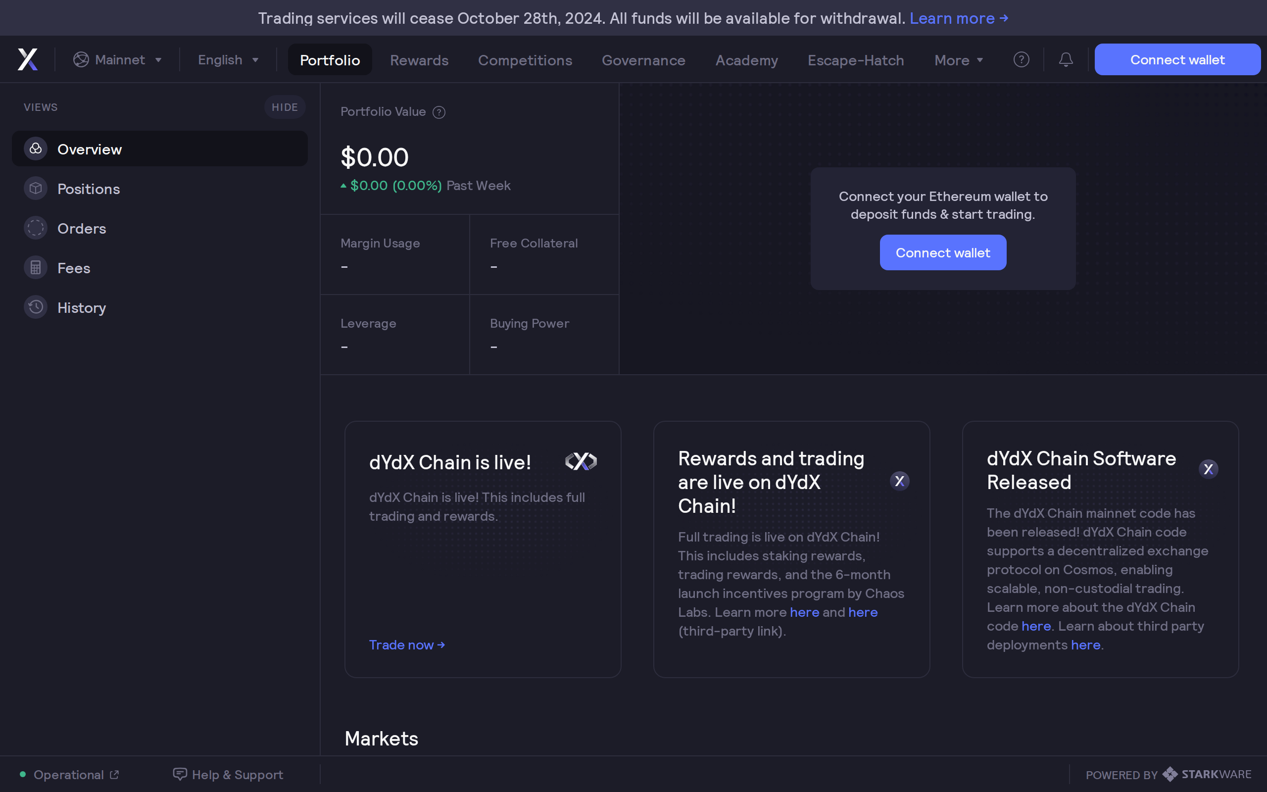 dYdX trading interface showing the markets and portfolio overview screen