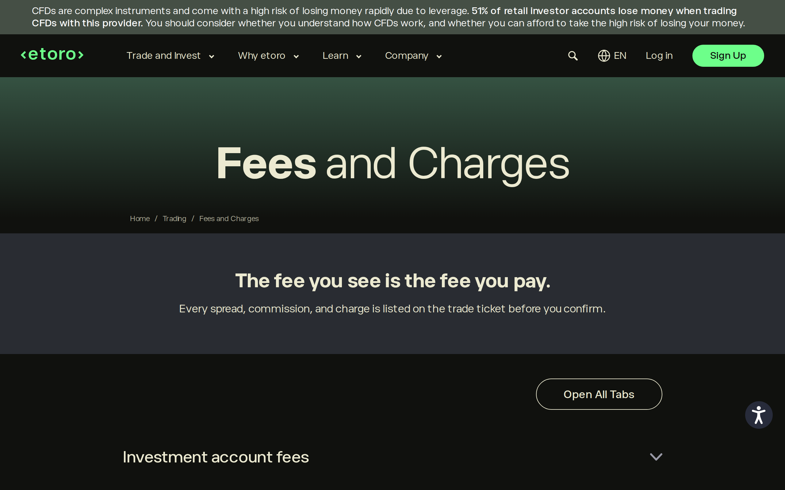 eToro Fees and Charges page showing the heading 'The fee you see is the fee you pay' and a section on investment account fees