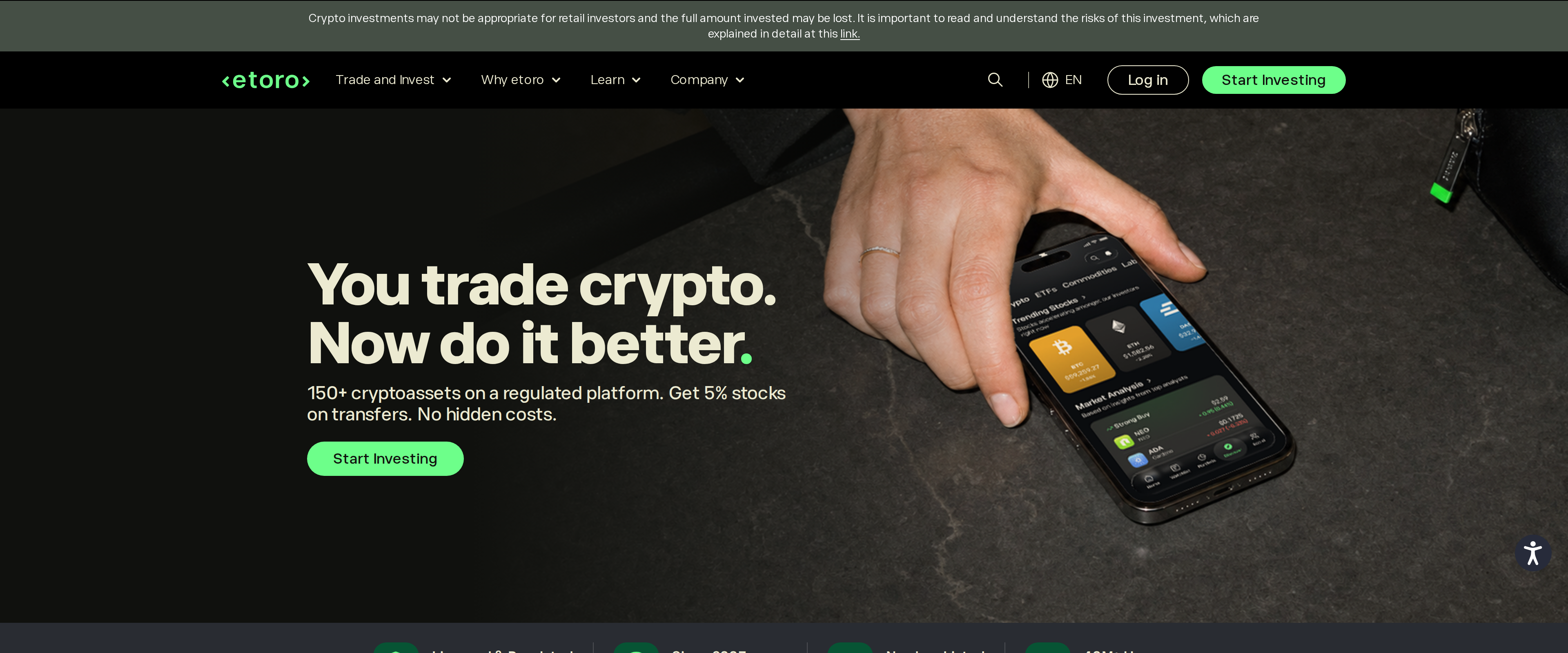 eToro crypto page hero banner reading 'You trade crypto. Now do it better' with a line about 150+ cryptoassets on a regulated platform