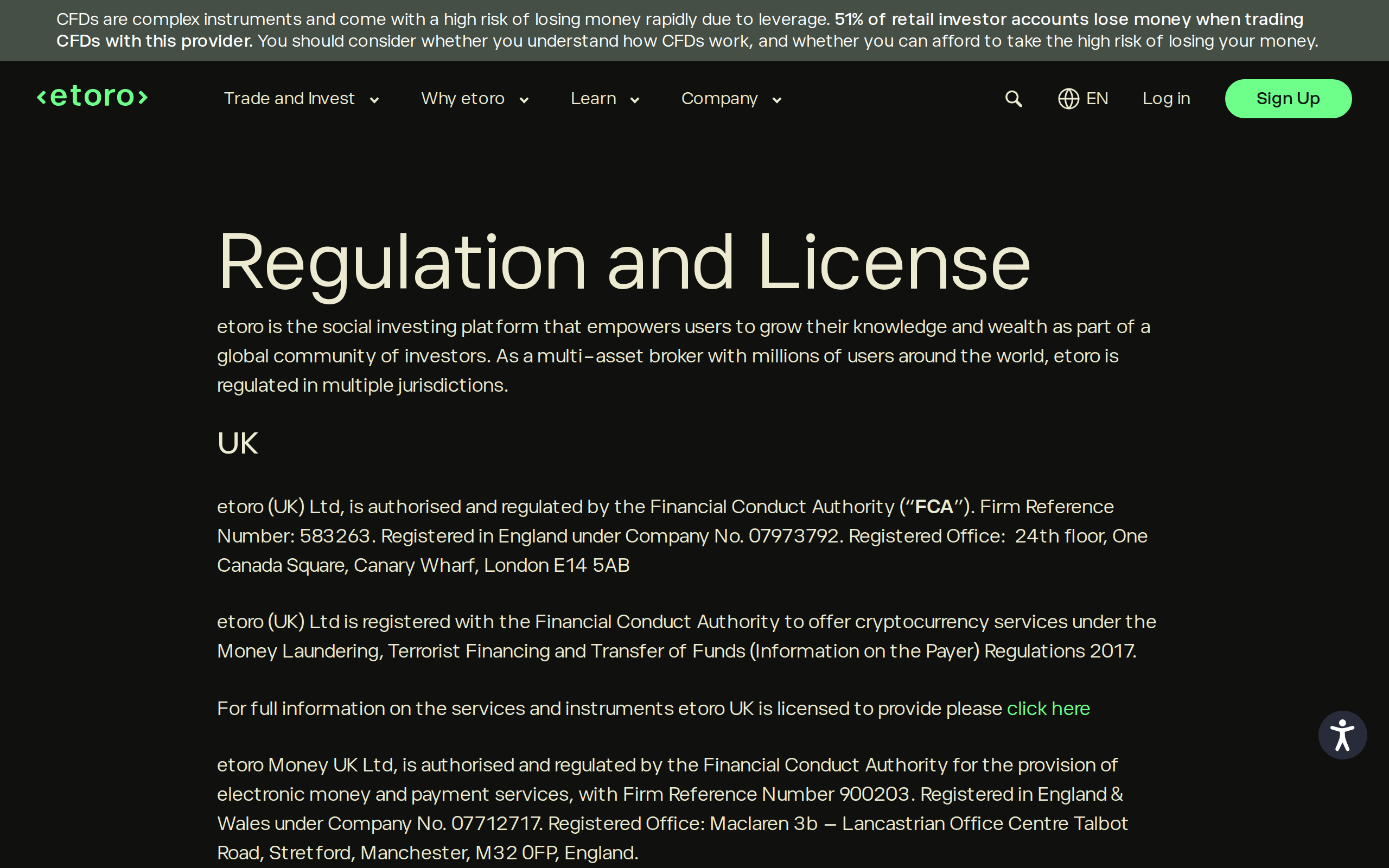 eToro Regulation and License page listing the FCA-regulated UK entity and its firm reference number