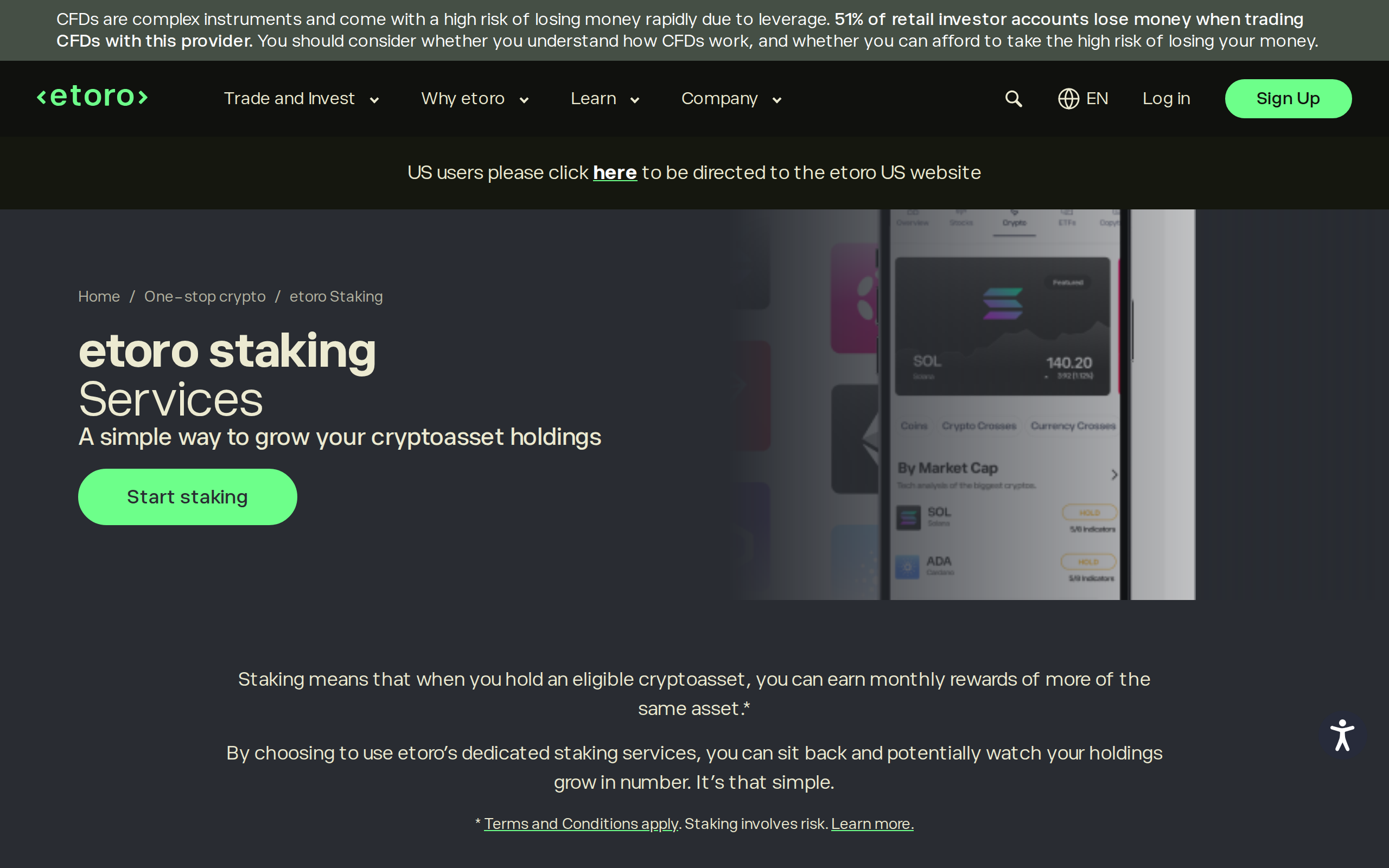 eToro staking services page under the heading 'etoro staking Services'