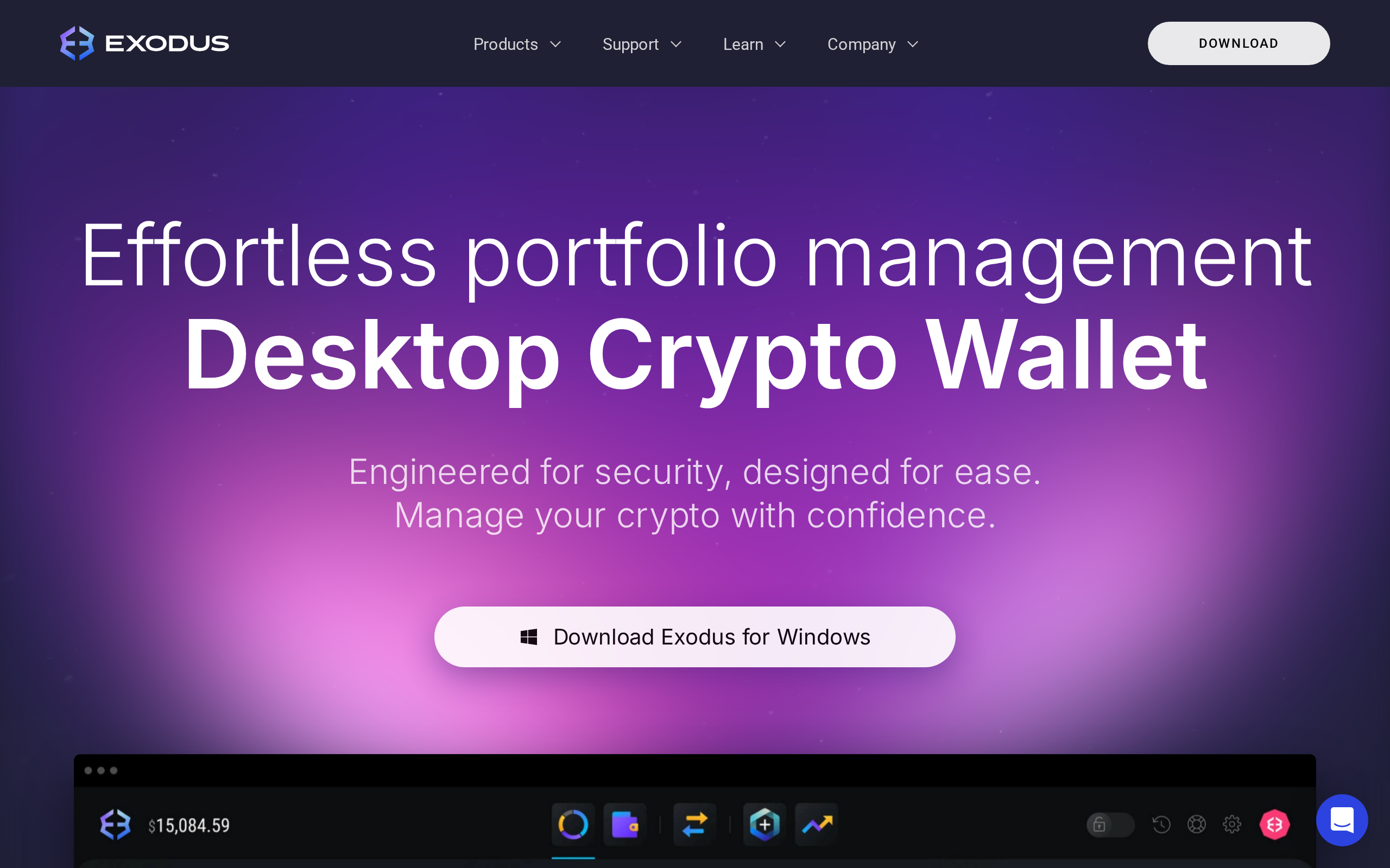 Exodus desktop wallet page describing effortless portfolio management