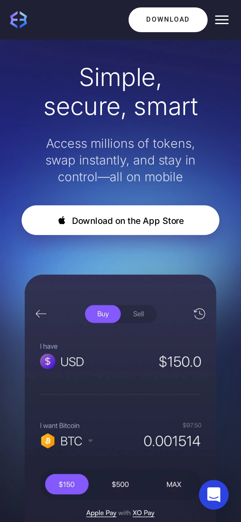 Exodus mobile wallet page reading Simple, secure, smart, with a phone preview of the app