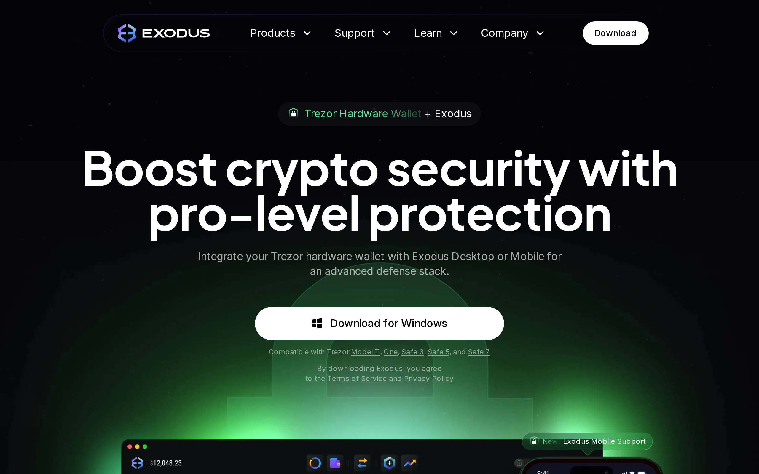 Exodus Trezor hardware wallet page describing boosted crypto security