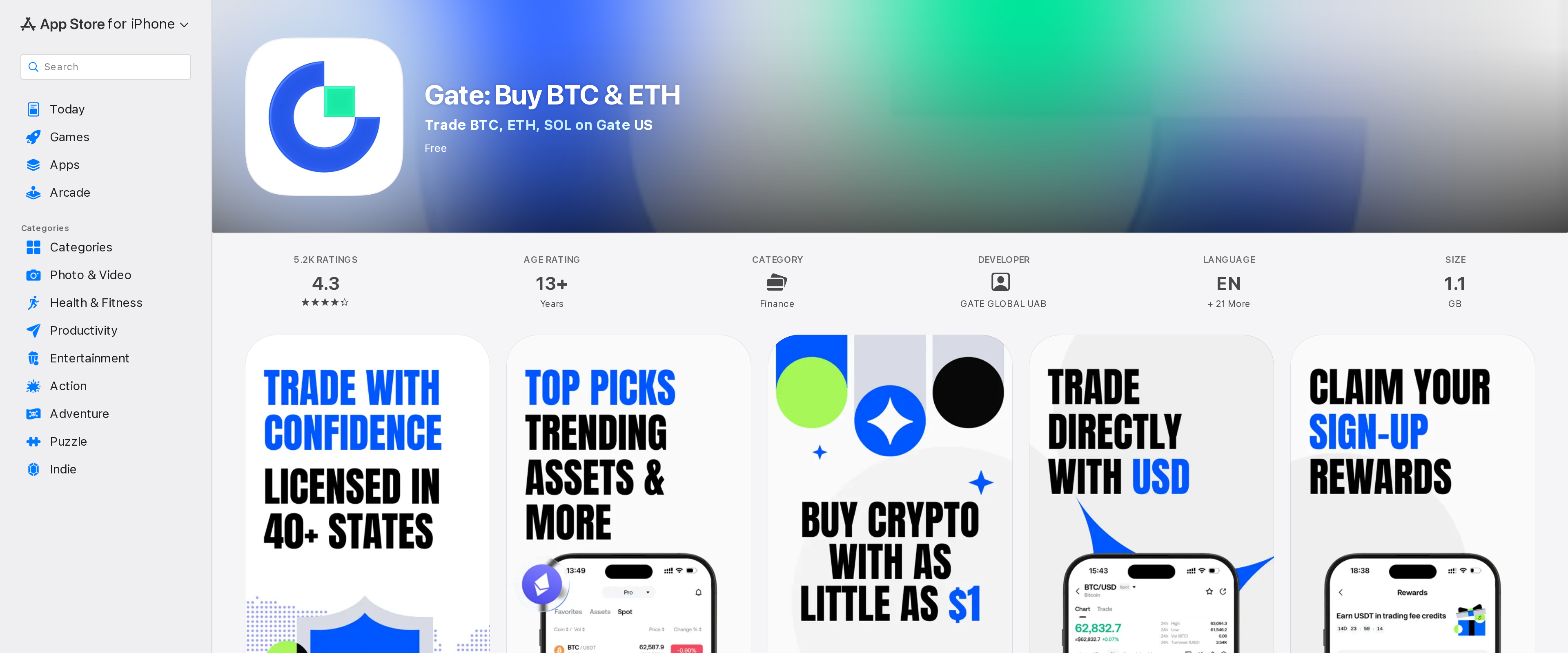 Gate US listing on the App Store showing the tagline Trade BTC, ETH, SOL on Gate US from developer Gate Global UAB
