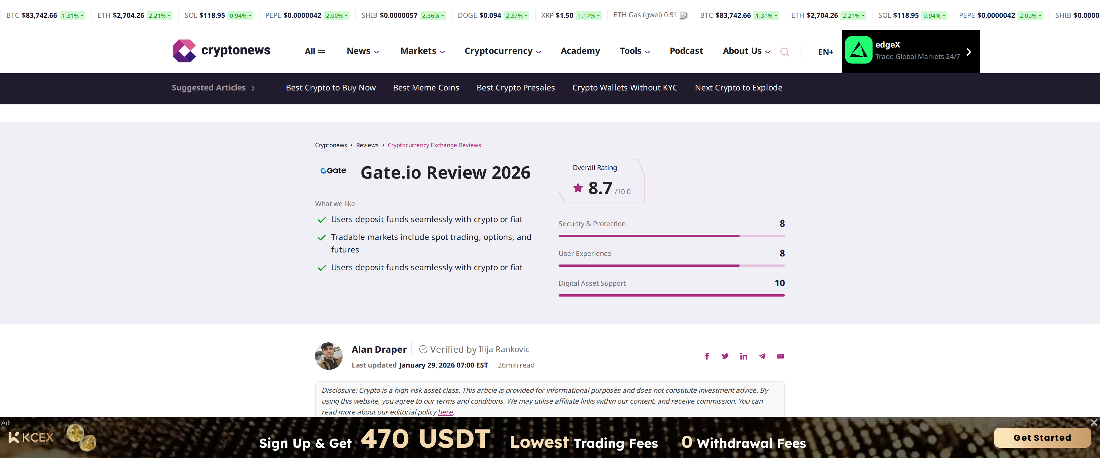 A third-party exchange review page covering Gate.io alongside coverage of no-KYC crypto wallets