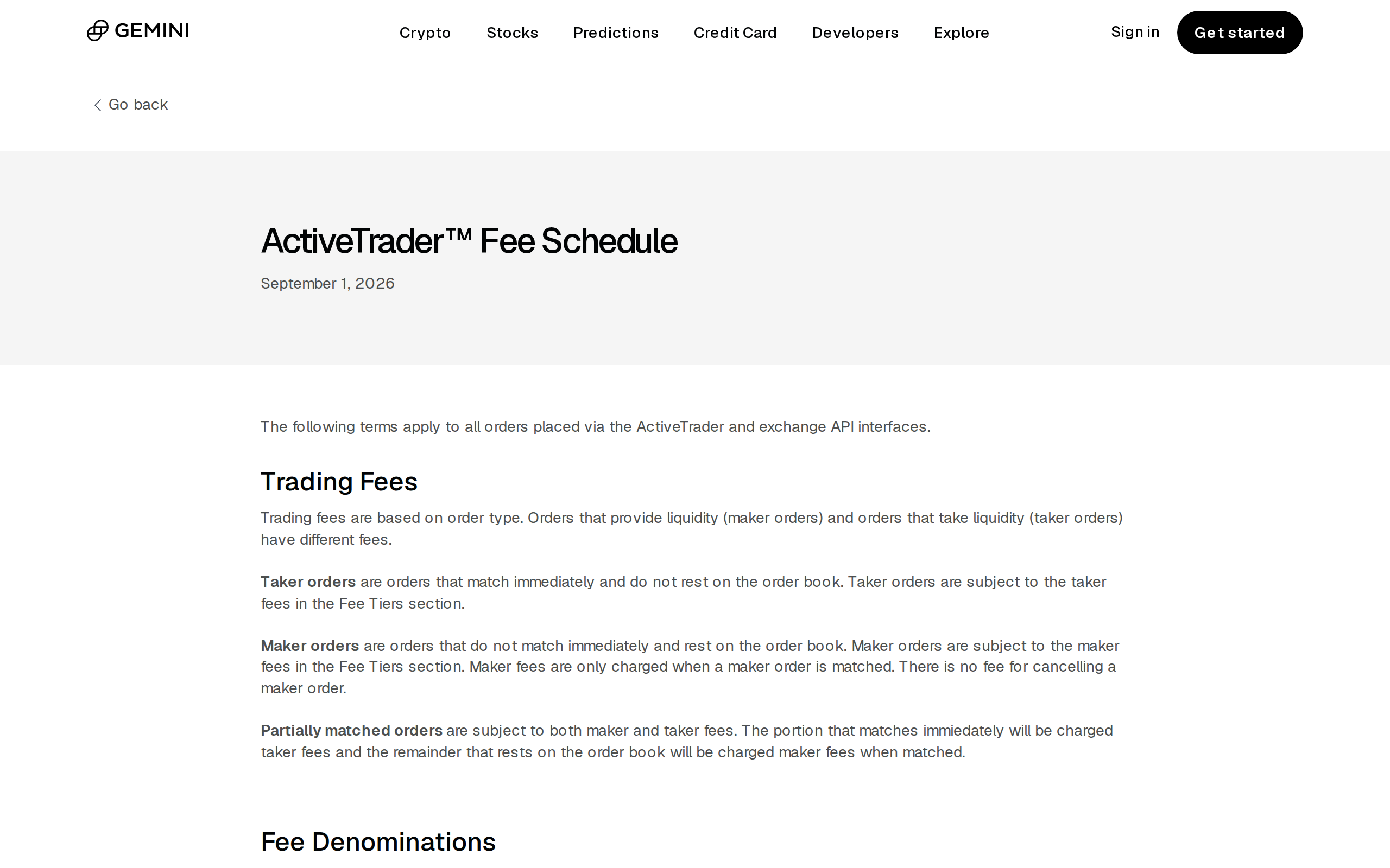 Gemini's ActiveTrader Fee Schedule page describing tiered maker and taker rates for orders placed through the order-book and API interfaces