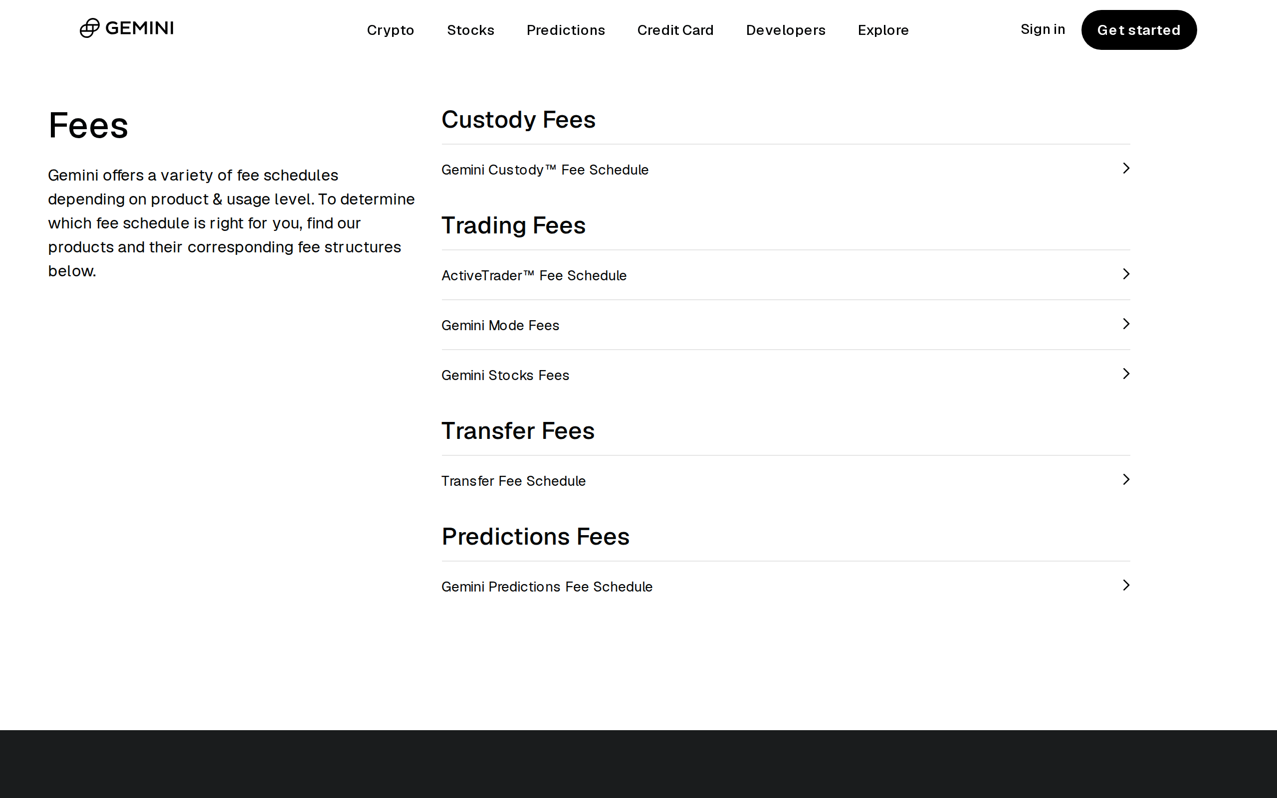 Gemini's fee schedule index page listing separate links for Custody, ActiveTrader and other product fee pages