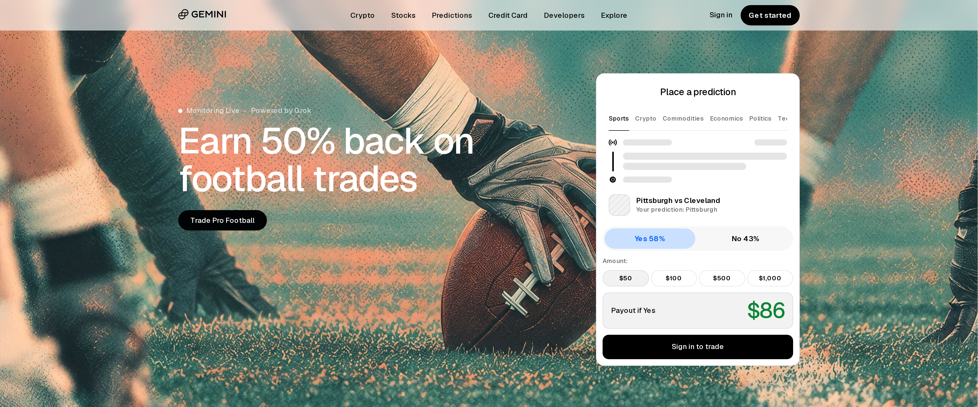 Gemini homepage banner reading Earn 50% back on football trades, above a hero image for the trading, predicting and earning platform