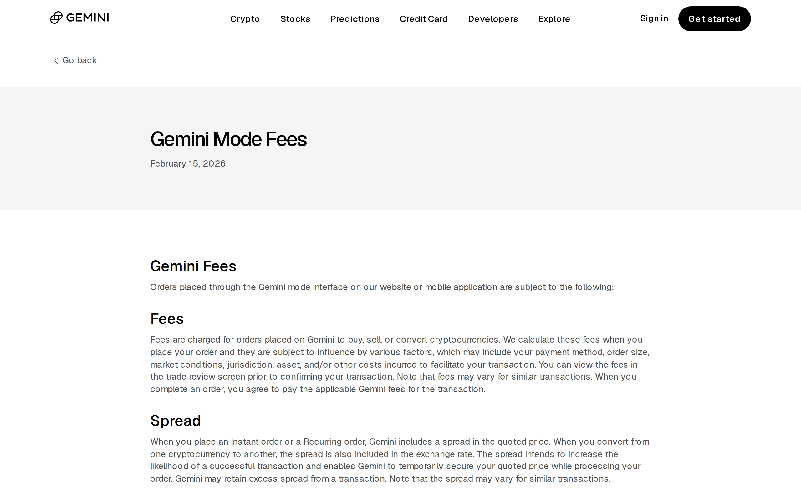 Gemini Mode Fees documentation page explaining how spread and per-order fees are calculated for Instant and Recurring orders