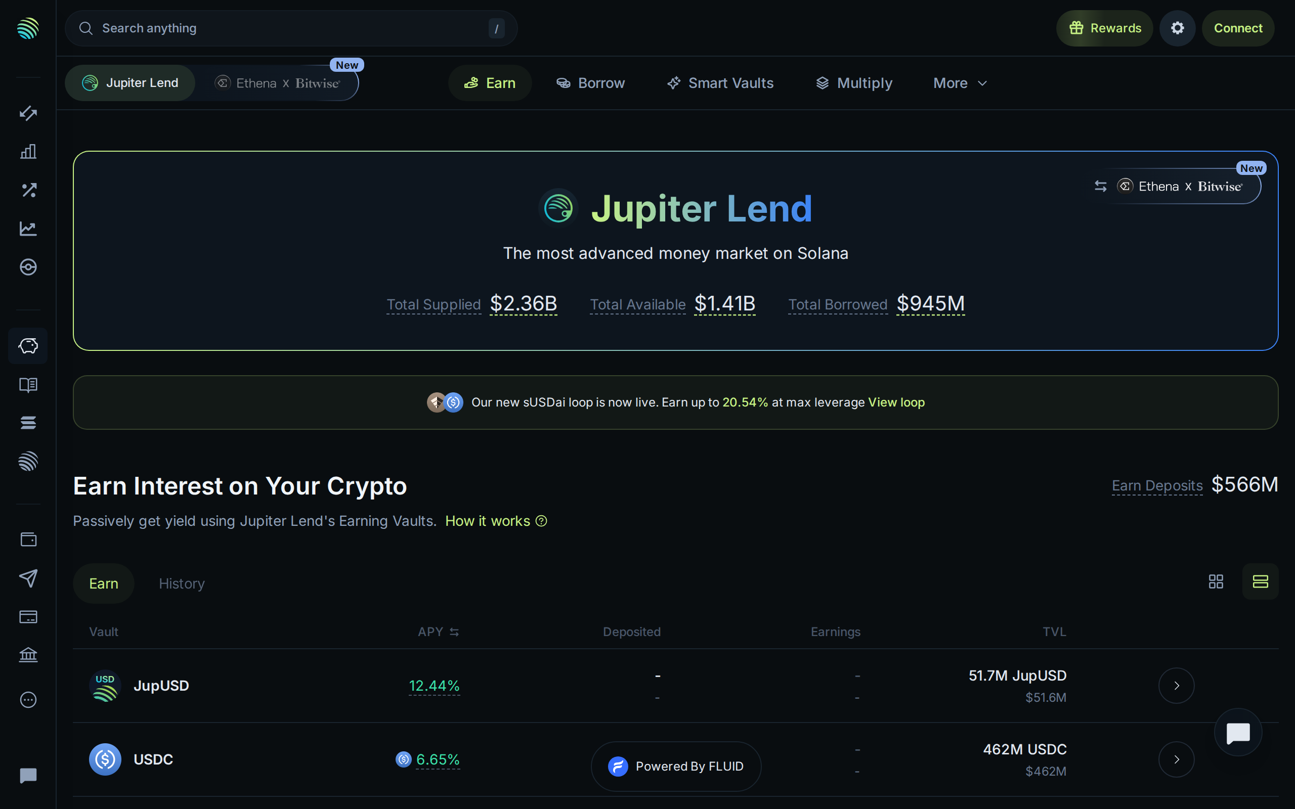 Jupiter Lend page headlined The most advanced money market on Solana, with a second banner reading Earn Interest on Your Crypto above a How it works section