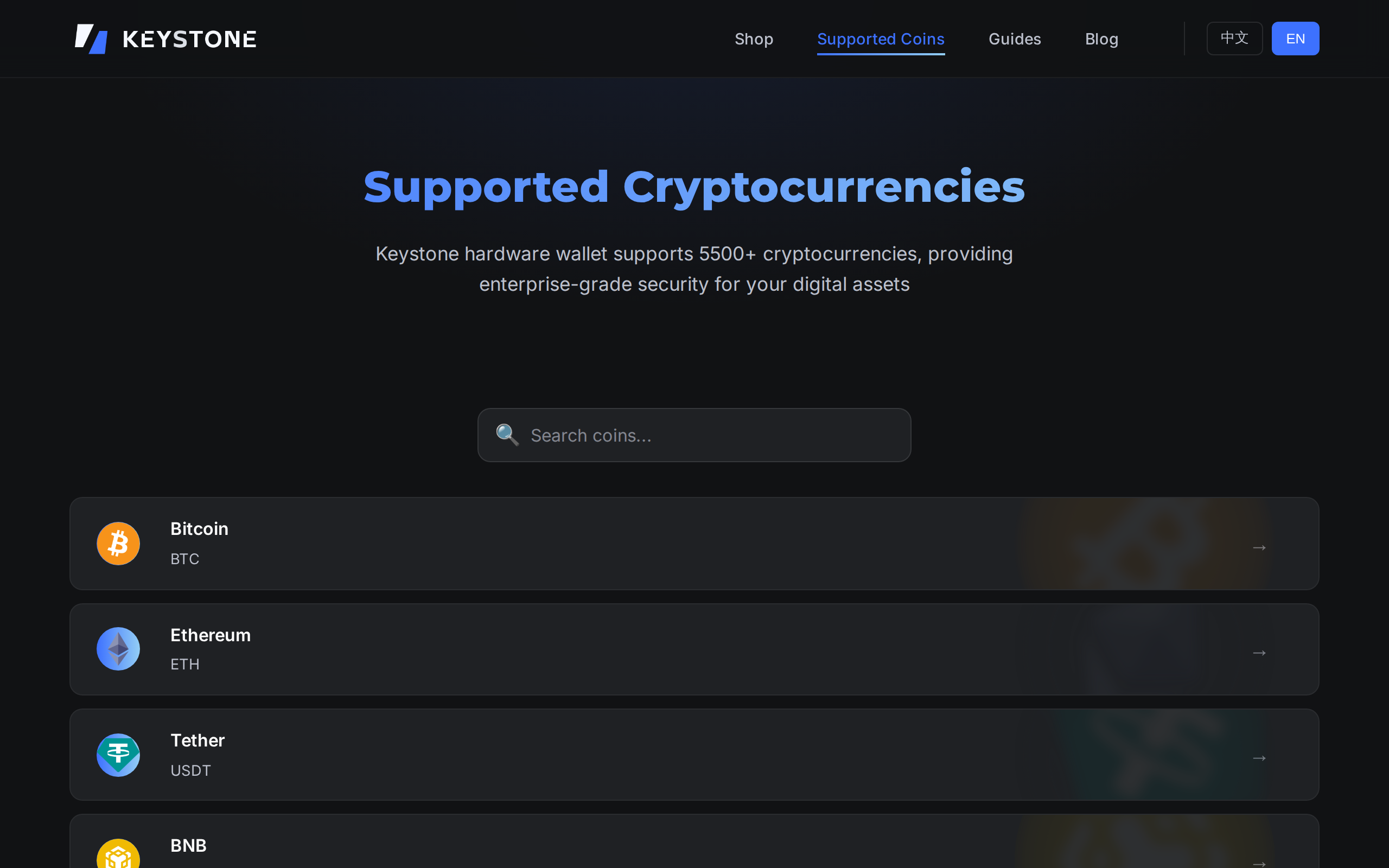Keystone supported cryptocurrencies page listing 5,500+ assets