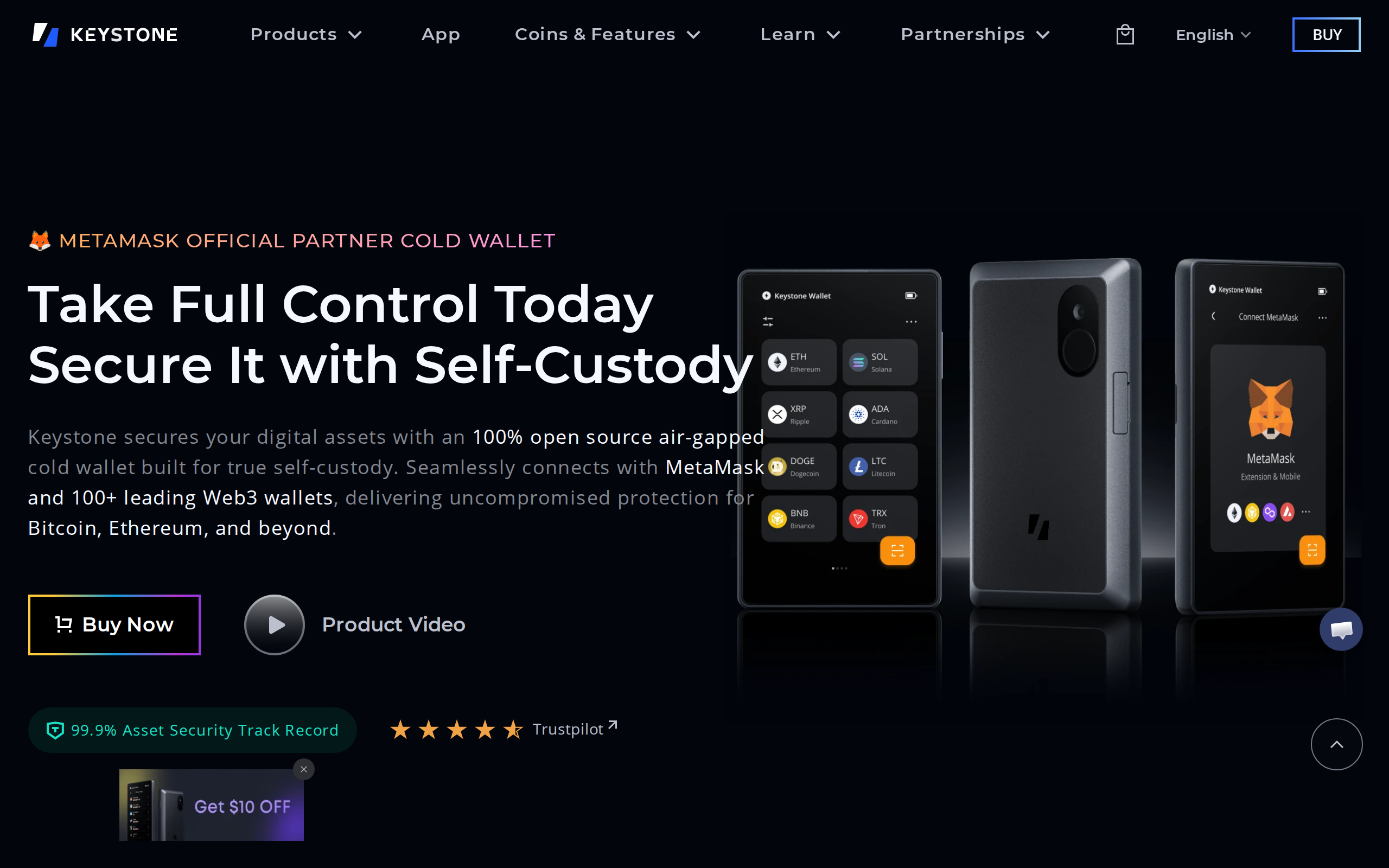 Keystone homepage reading Metamask Official Partner Cold Wallet, take full control today