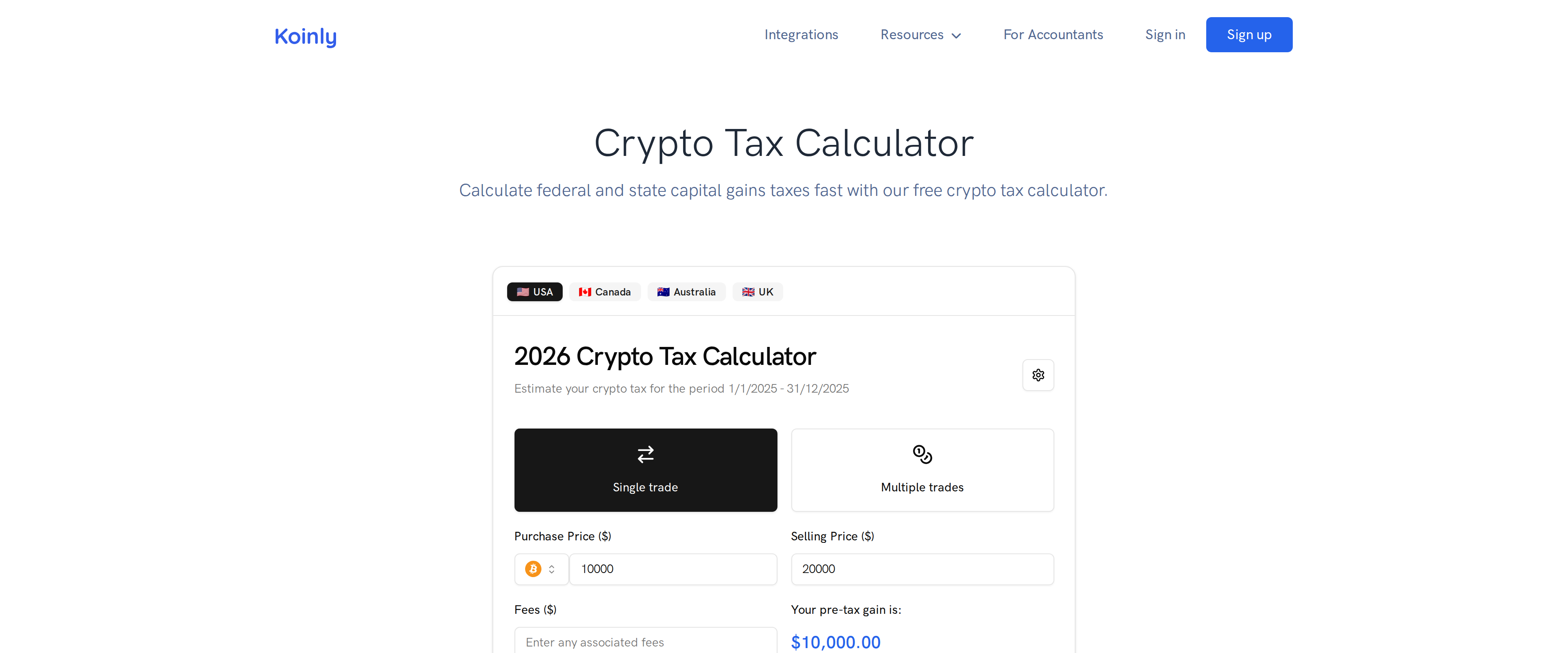 Koinly's free crypto tax calculator page showing an estimate field for federal and state capital gains taxes