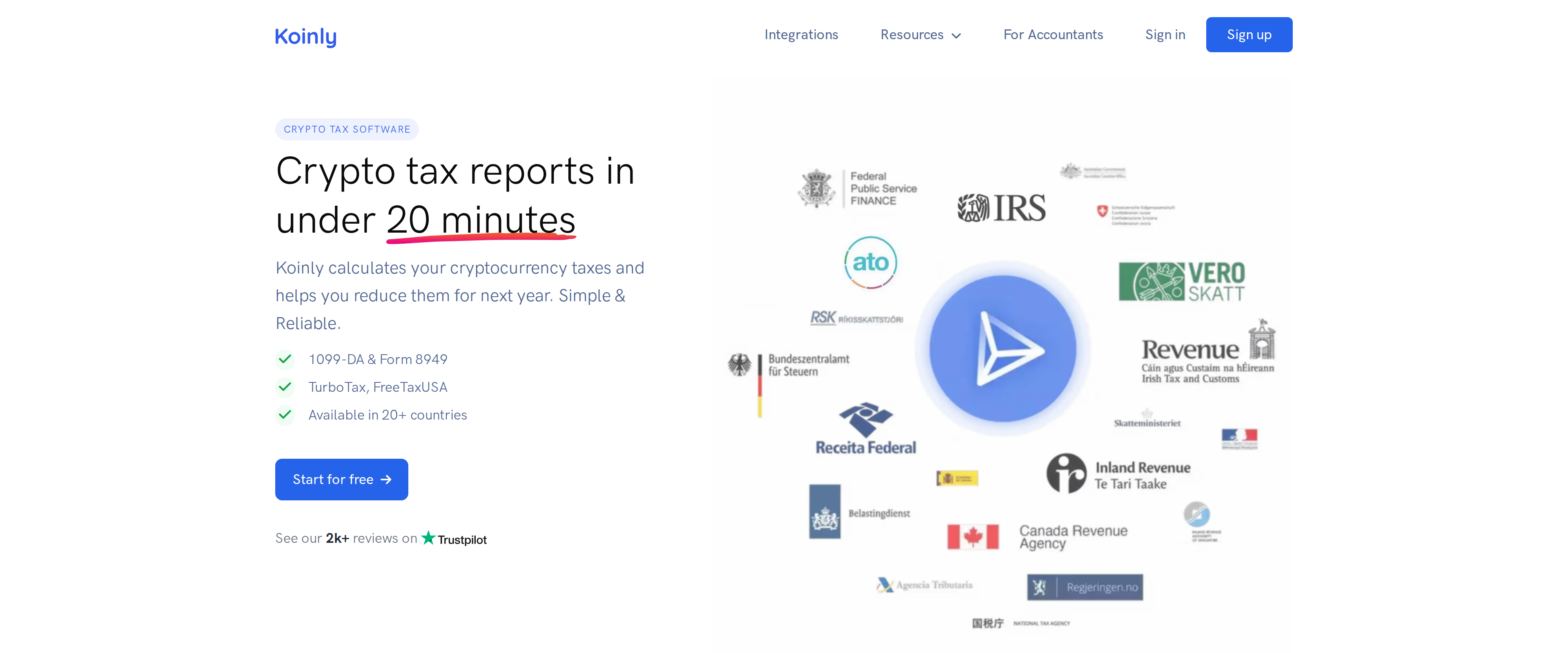 Koinly homepage headline reading Crypto tax reports in under 20 minutes, describing the tool as available in 20 plus countries