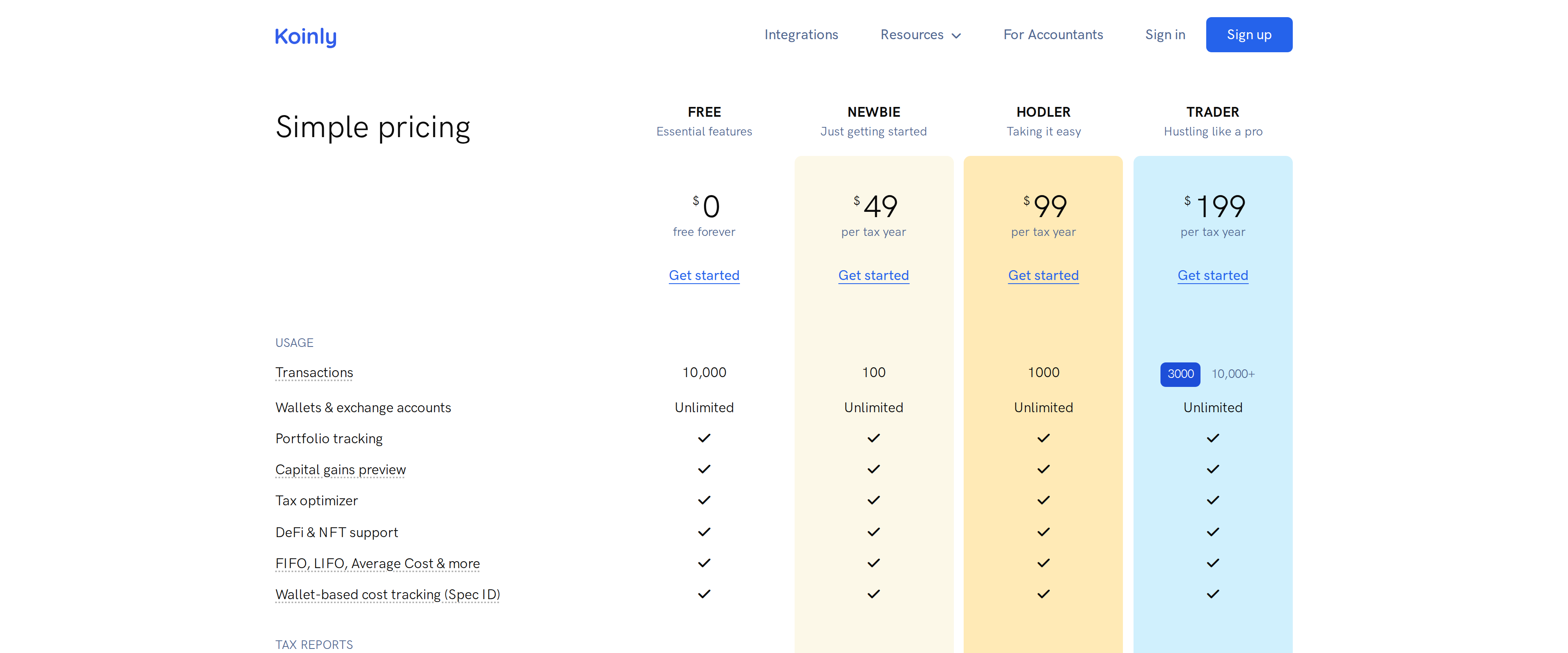 Koinly's Tax Plans and Pricing page under the heading Simple pricing