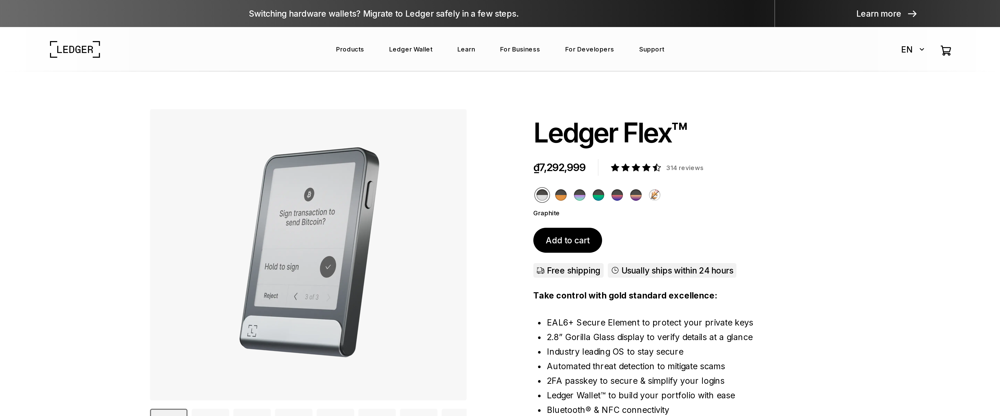 Ledger Flex product page reading Ledger Flex with the text Take control with gold standard excellence and a mention of the EAL6+ Secure Element
