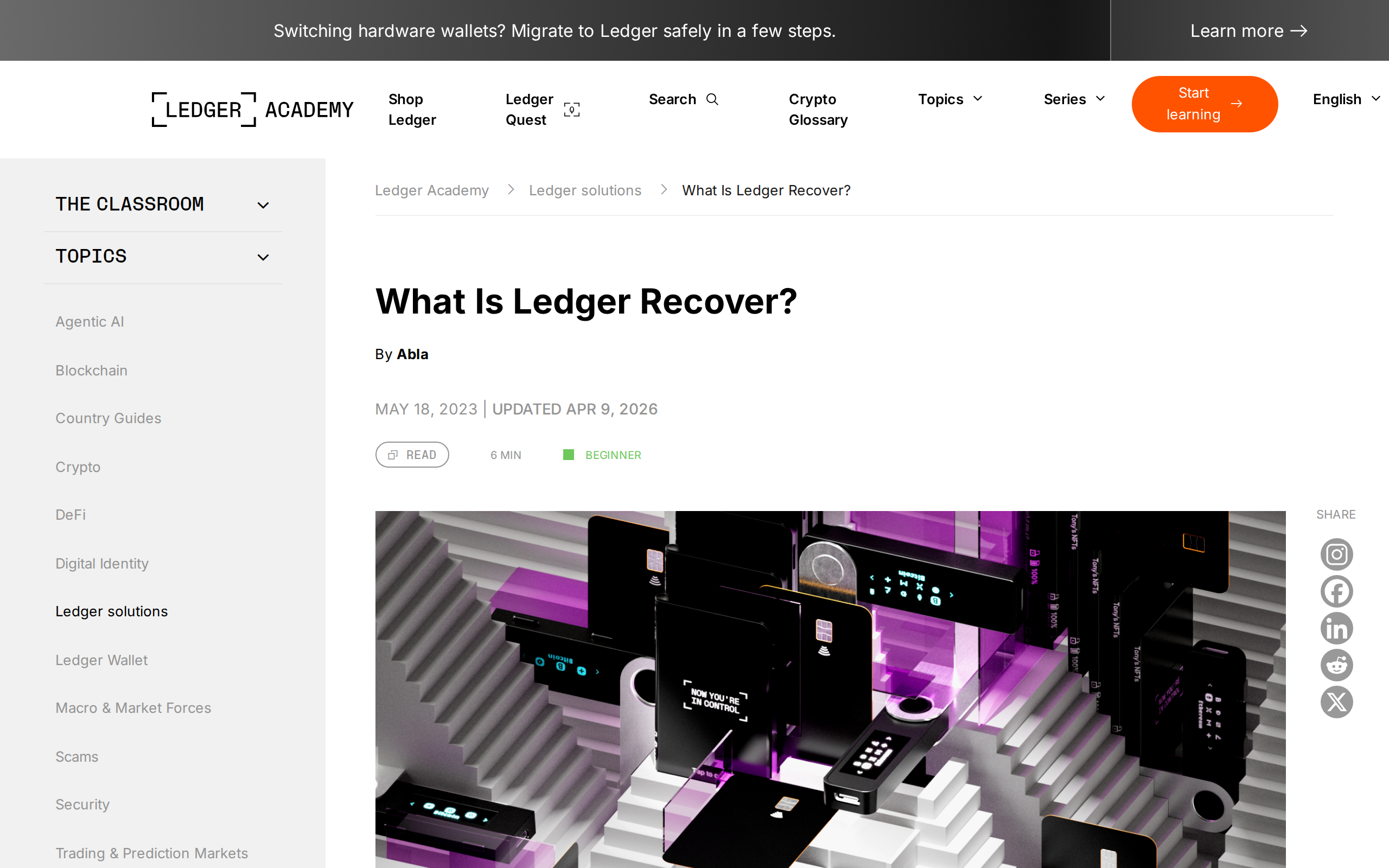 Ledger Academy page titled What Is Ledger Recover, showing Ledger devices arranged on a podium