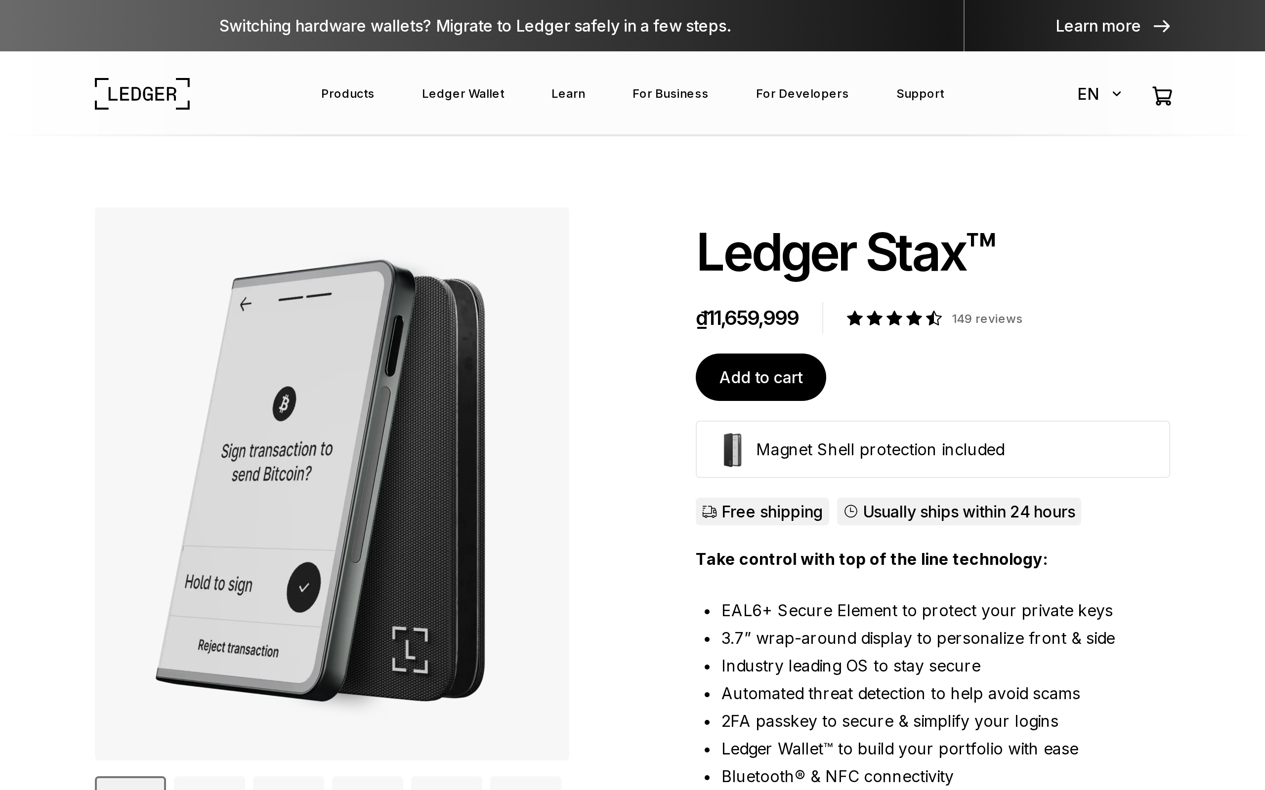 Ledger Stax product page headline Take control with top of the line technology, also listing an EAL6+ Secure Element