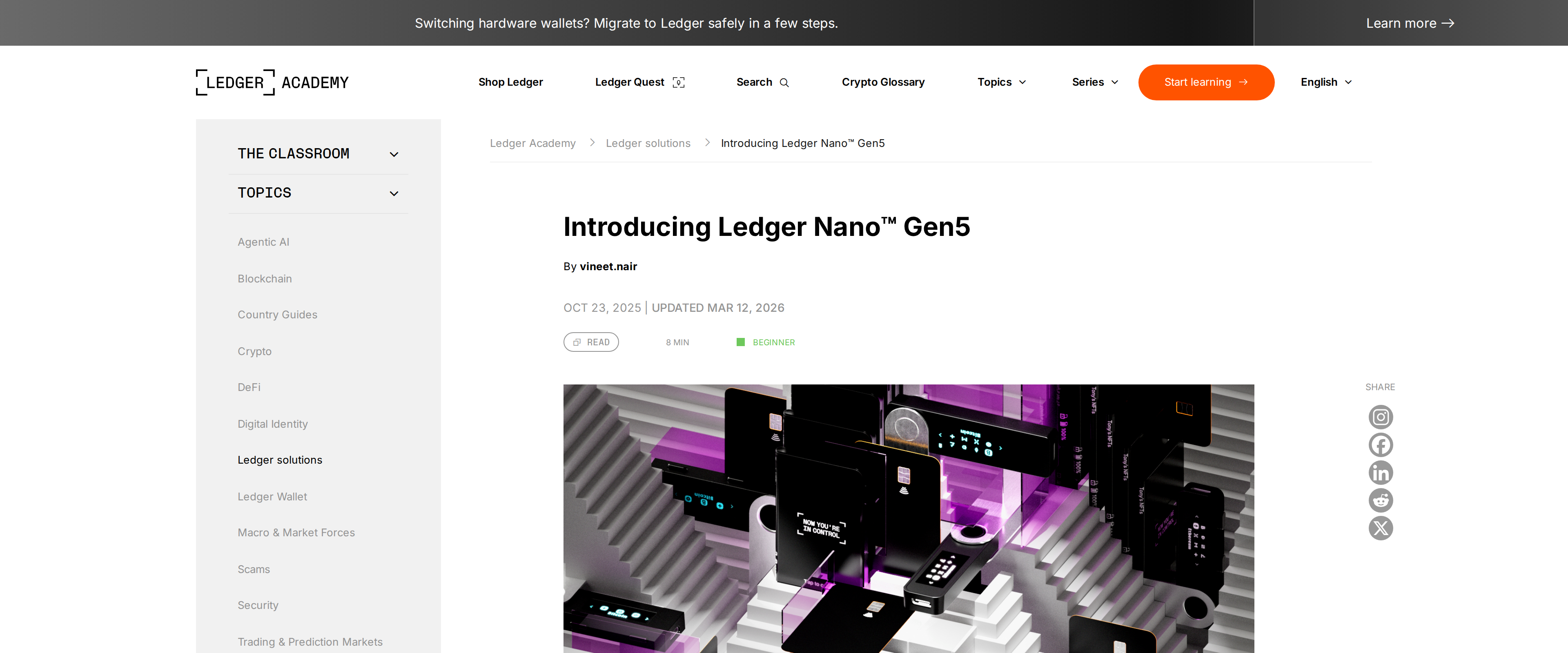Ledger's launch article headline reading Introducing Ledger Nano Gen5, with a note about migrating from another hardware wallet