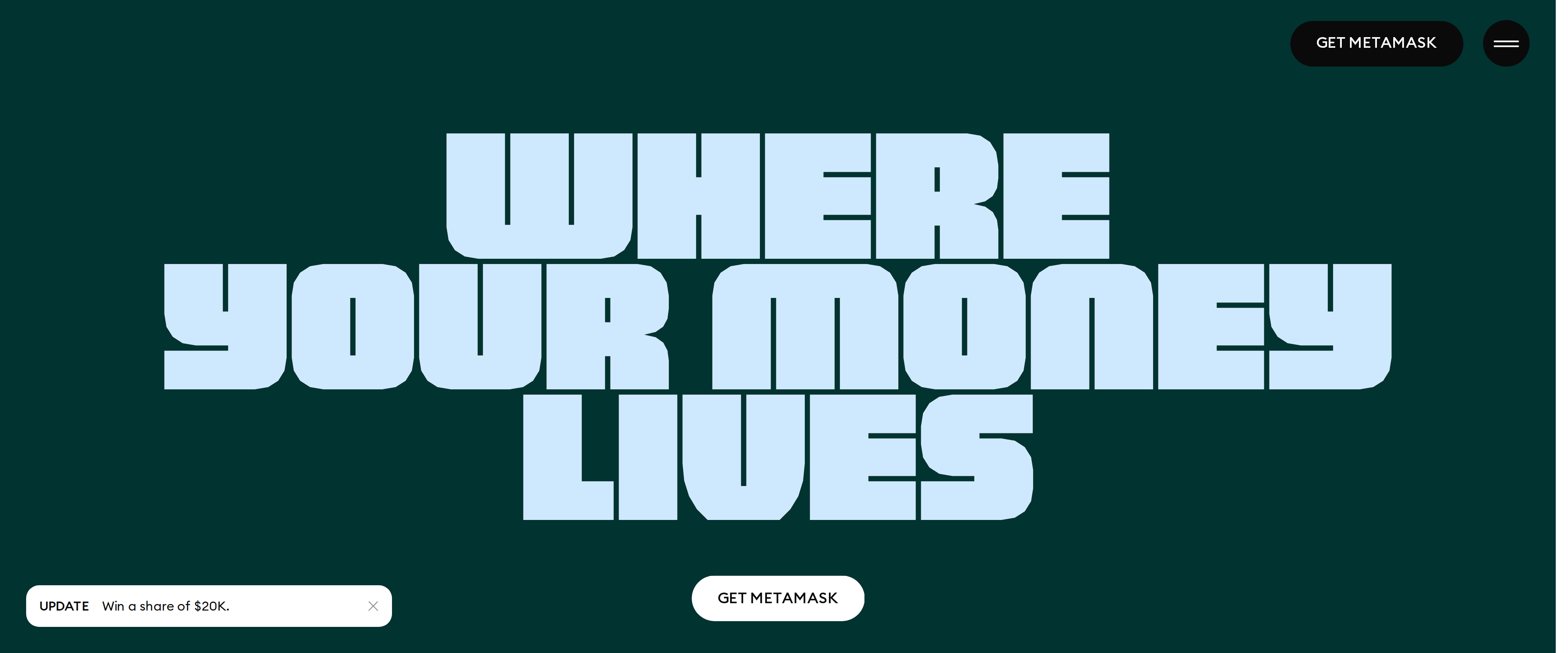 MetaMask homepage headline reading Where your money lives, describing itself as a crypto wallet for Bitcoin, Ethereum and Solana