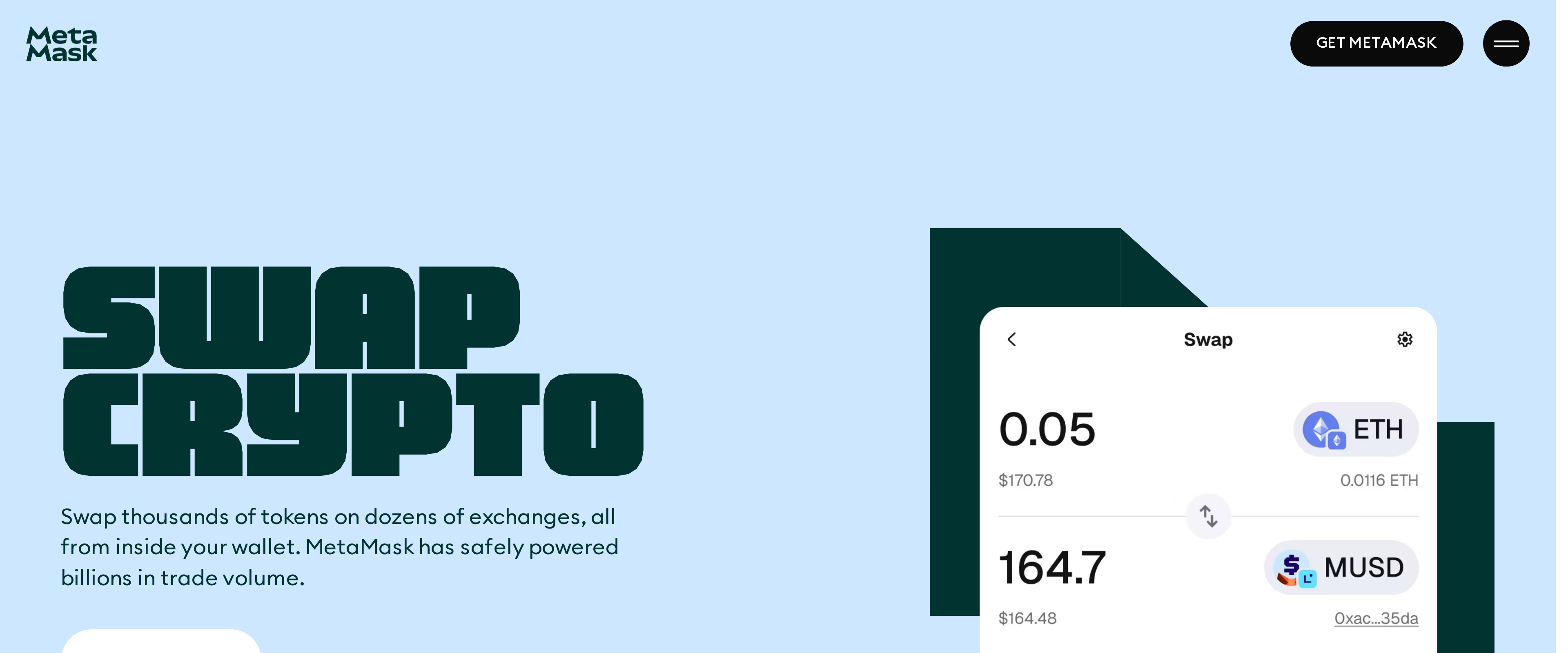 MetaMask Swap Crypto page describing swapping thousands of tokens across dozens of exchanges from inside the wallet
