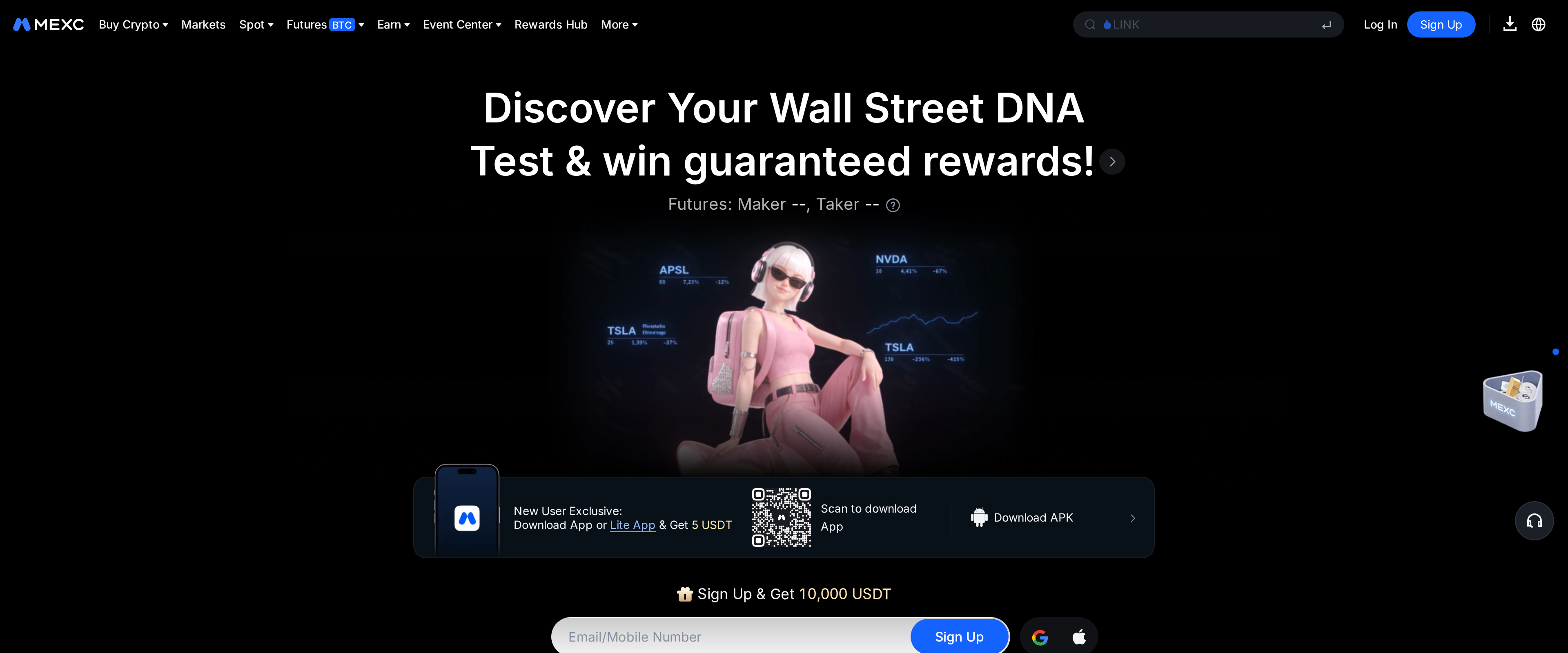 MEXC's dark-themed homepage showing its Sign Up and Get 10,000 USDT banner and Futures maker and taker fee display
